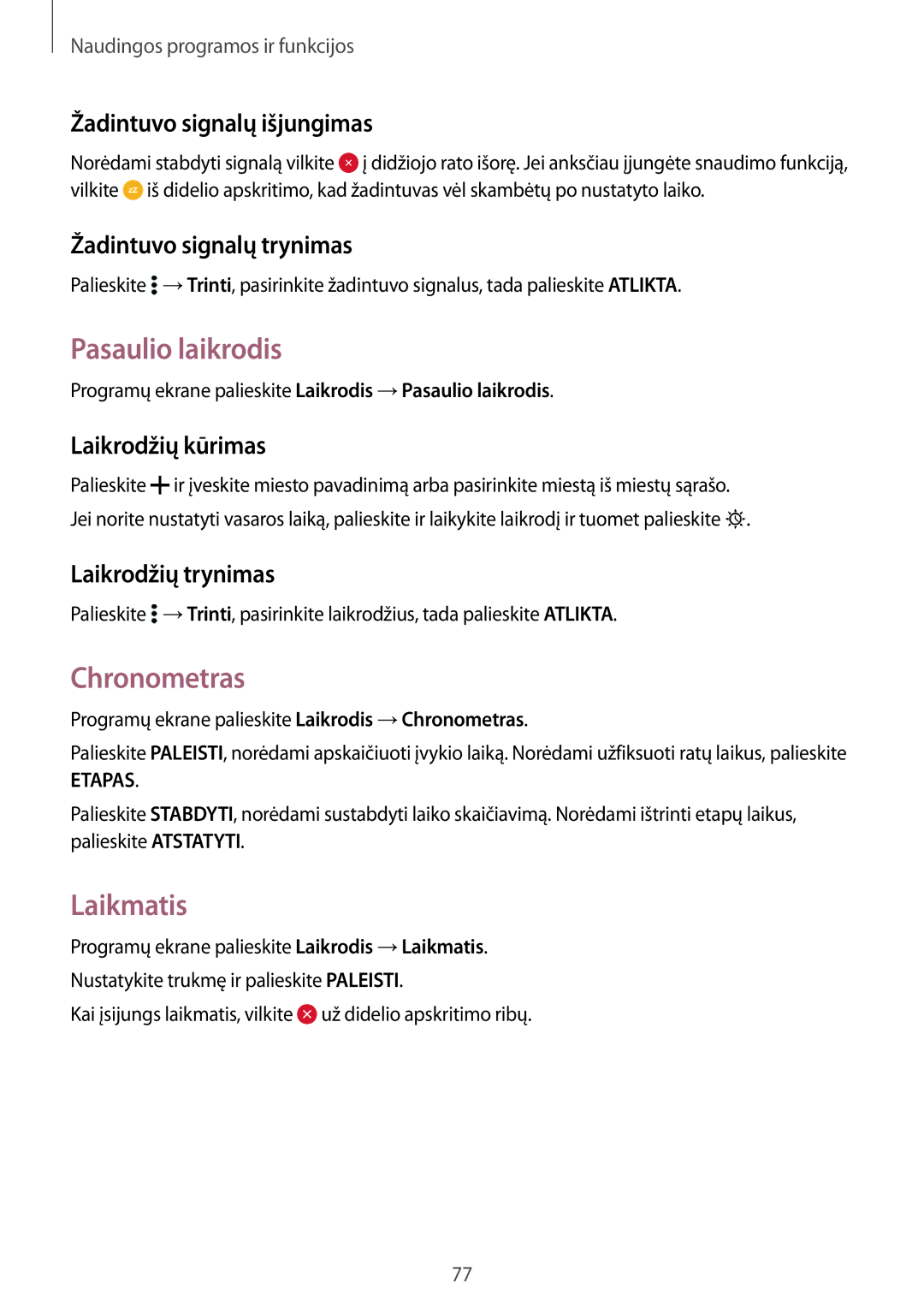 Samsung SM-A300FZDUSEB, SM-A300FZKDROM, SM-A300FZWDROM manual Pasaulio laikrodis, Chronometras, Laikmatis 