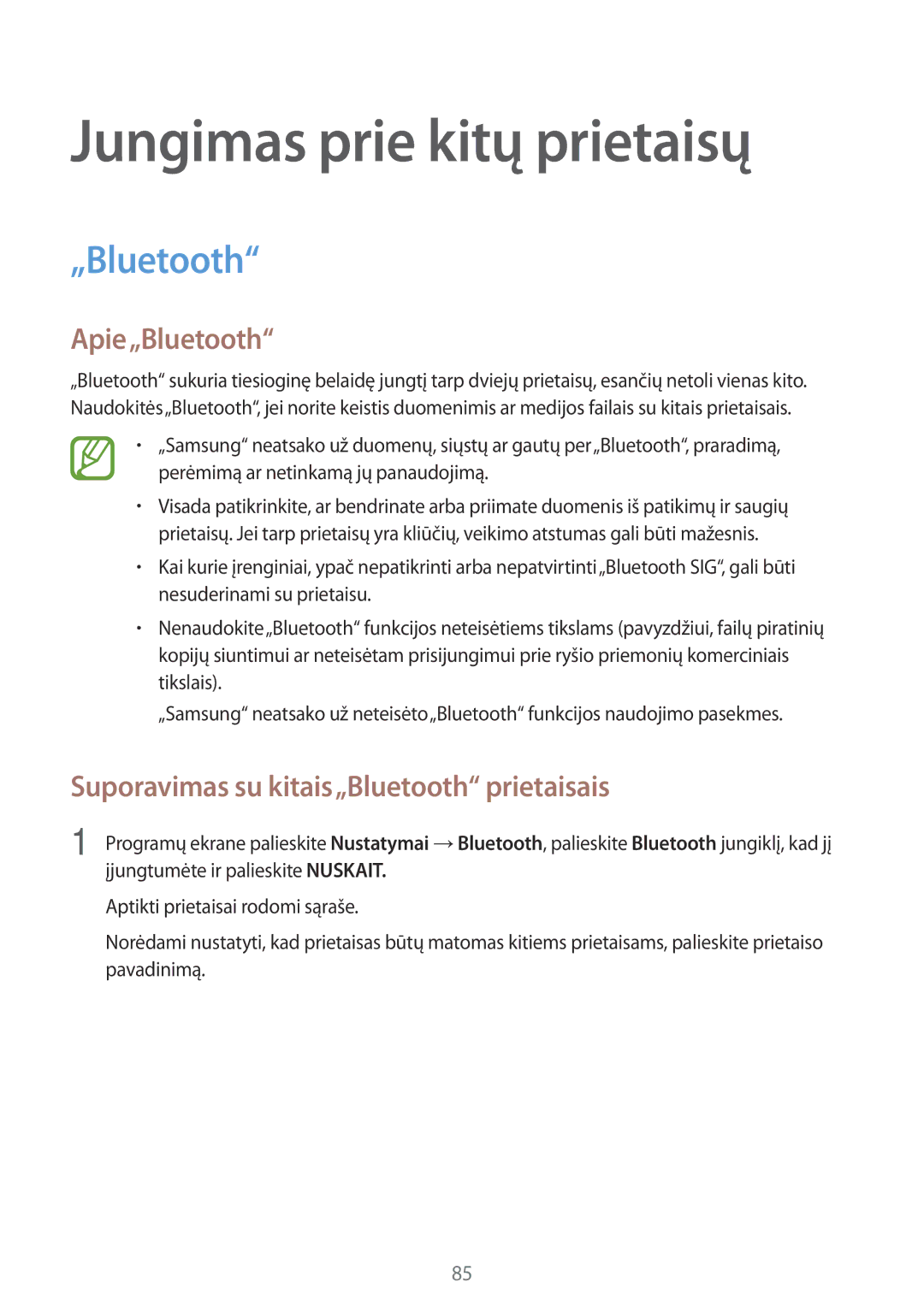 Samsung SM-A300FZWDROM manual Jungimas prie kitų prietaisų, Apie„Bluetooth, Suporavimas su kitais„Bluetooth prietaisais 