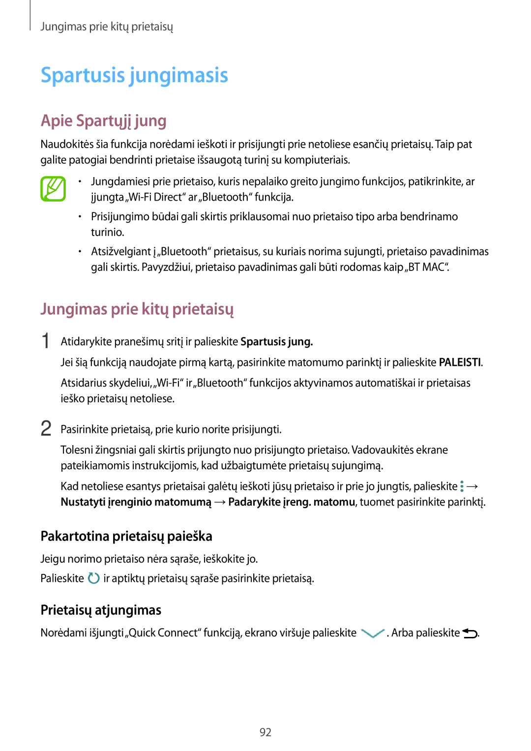 Samsung SM-A300FZDUSEB manual Spartusis jungimasis, Apie Spartųjį jung, Pakartotina prietaisų paieška, Prietaisų atjungimas 