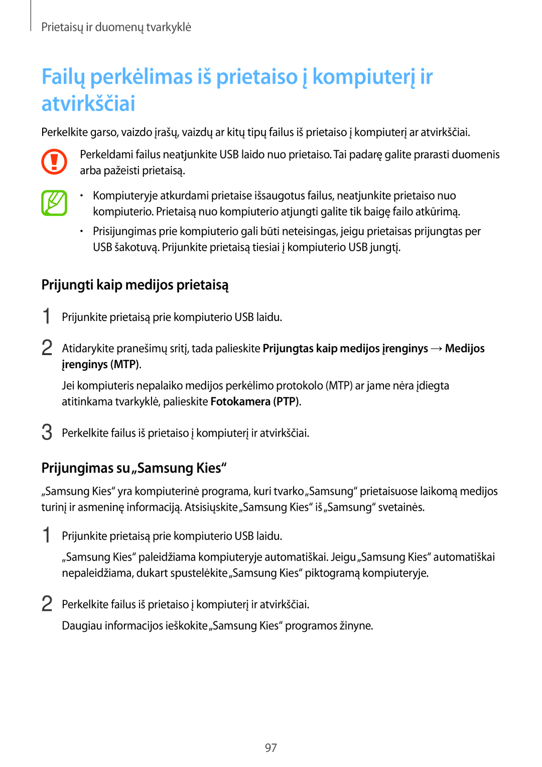 Samsung SM-A300FZWDROM manual Failų perkėlimas iš prietaiso į kompiuterį ir atvirkščiai, Prijungti kaip medijos prietaisą 