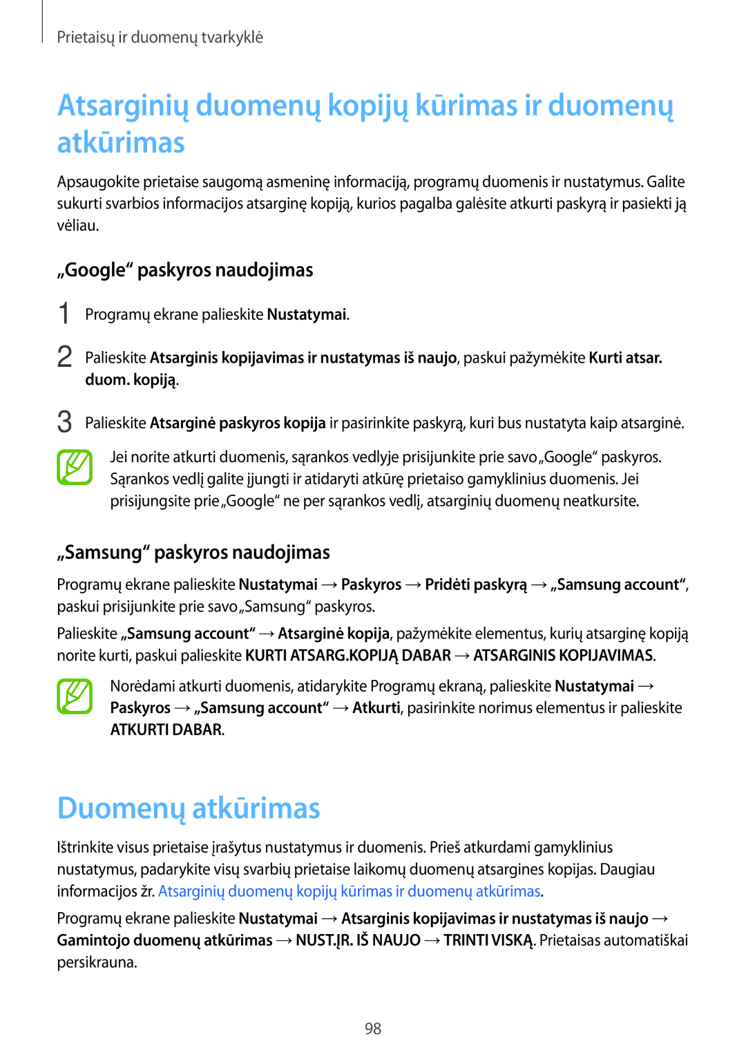 Samsung SM-A300FZDUSEB manual Atsarginių duomenų kopijų kūrimas ir duomenų atkūrimas, Duomenų atkūrimas, Duom. kopiją 