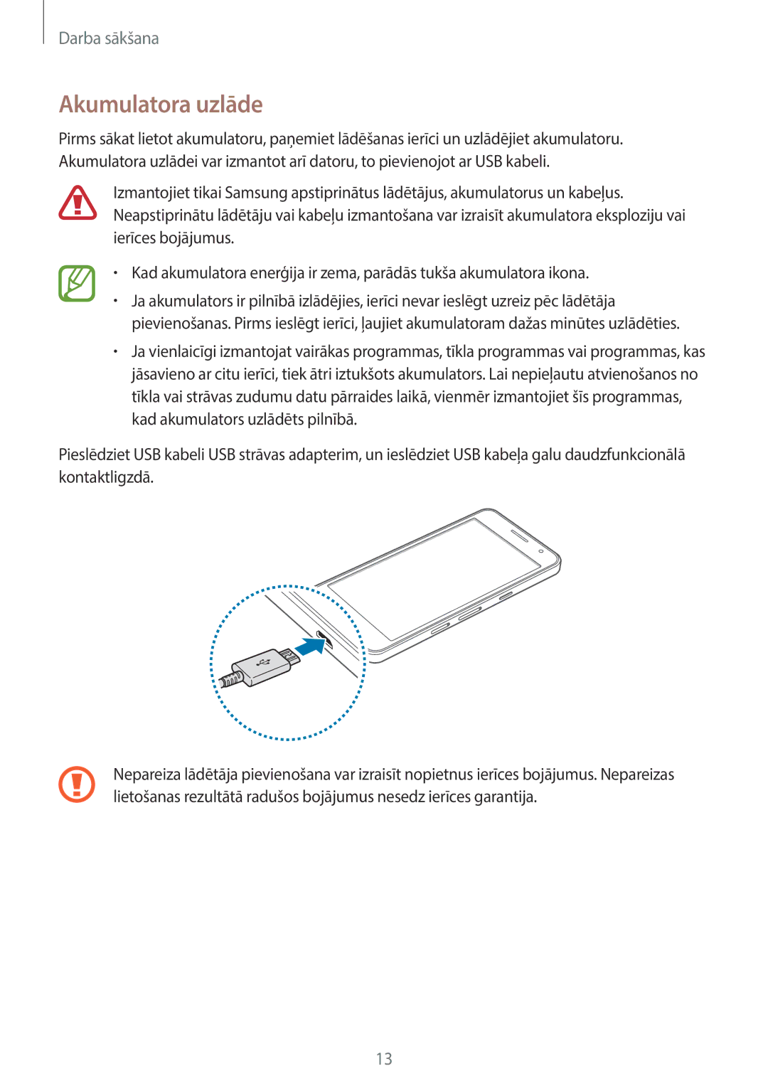 Samsung SM-A300FZWDROM, SM-A300FZKDROM, SM-A300FZDUSEB manual Akumulatora uzlāde 