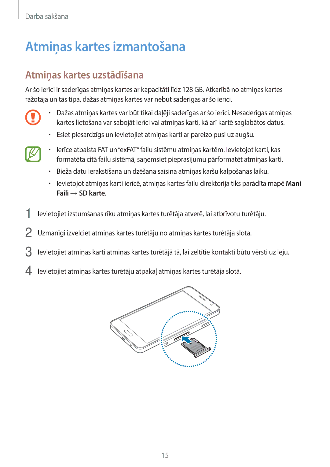 Samsung SM-A300FZKDROM, SM-A300FZWDROM, SM-A300FZDUSEB manual Atmiņas kartes izmantošana, Atmiņas kartes uzstādīšana 