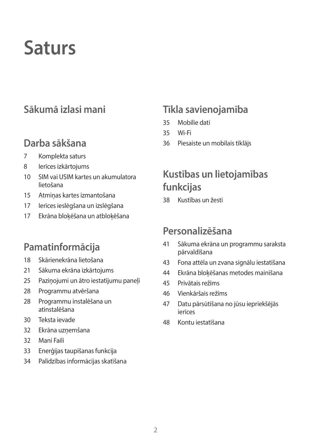 Samsung SM-A300FZDUSEB, SM-A300FZKDROM, SM-A300FZWDROM manual Saturs, Sākumā izlasi mani Darba sākšana 