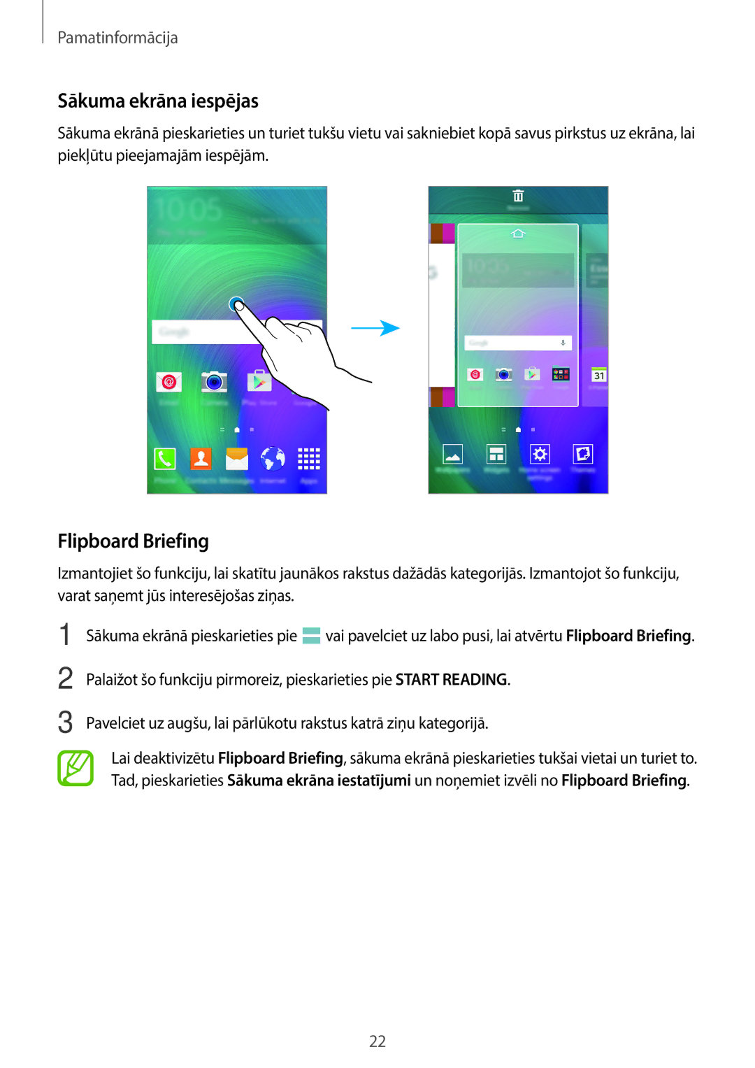 Samsung SM-A300FZWDROM, SM-A300FZKDROM, SM-A300FZDUSEB manual Sākuma ekrāna iespējas, Flipboard Briefing 