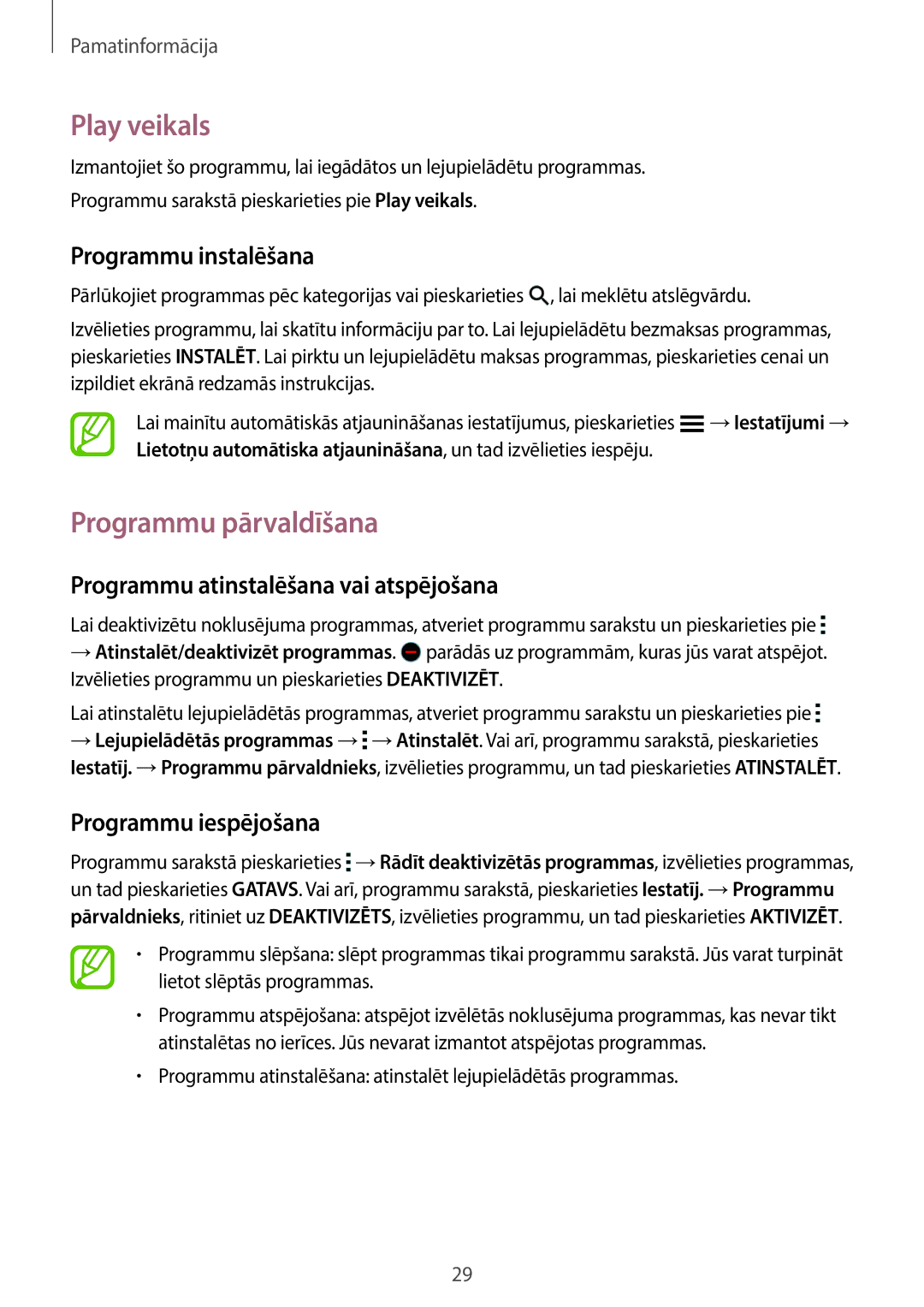 Samsung SM-A300FZDUSEB, SM-A300FZKDROM manual Play veikals, Programmu pārvaldīšana, Programmu atinstalēšana vai atspējošana 