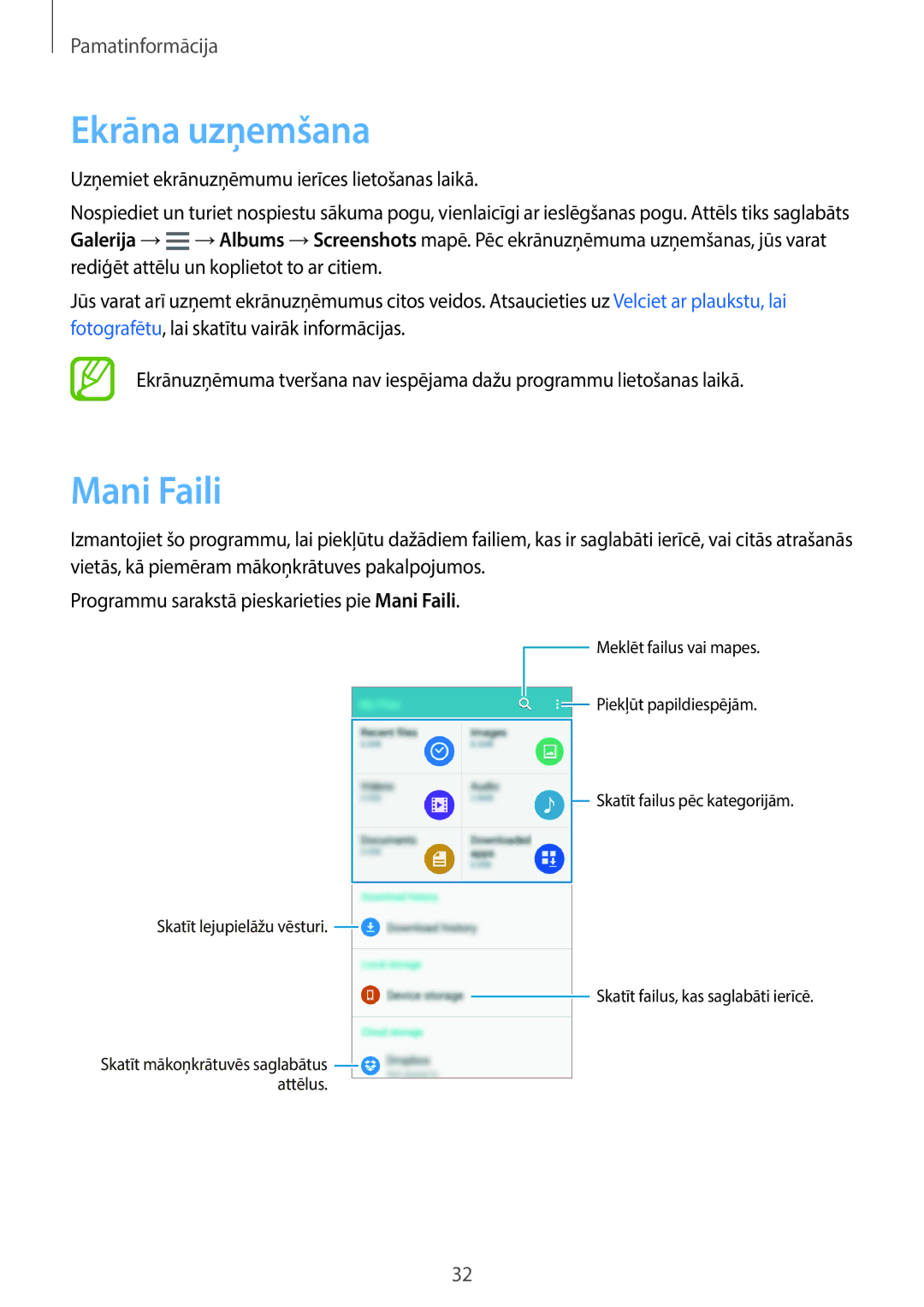 Samsung SM-A300FZDUSEB, SM-A300FZKDROM, SM-A300FZWDROM manual Ekrāna uzņemšana, Mani Faili 