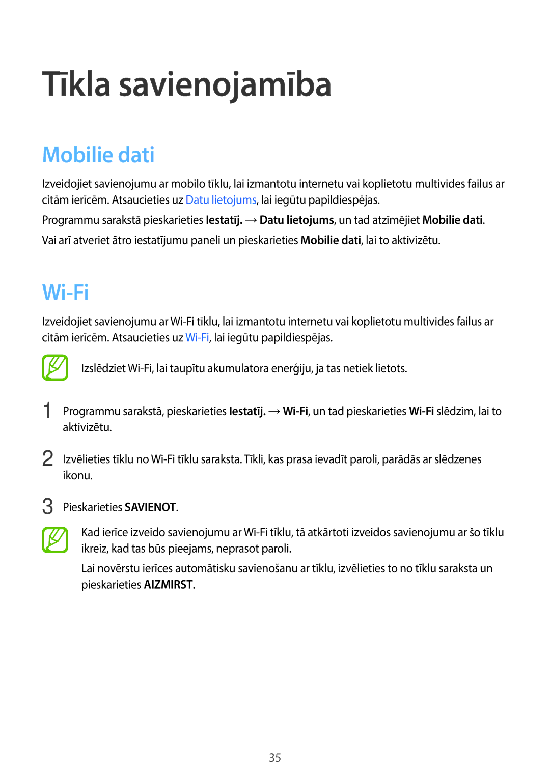 Samsung SM-A300FZDUSEB, SM-A300FZKDROM, SM-A300FZWDROM manual Tīkla savienojamība, Mobilie dati, Wi-Fi 