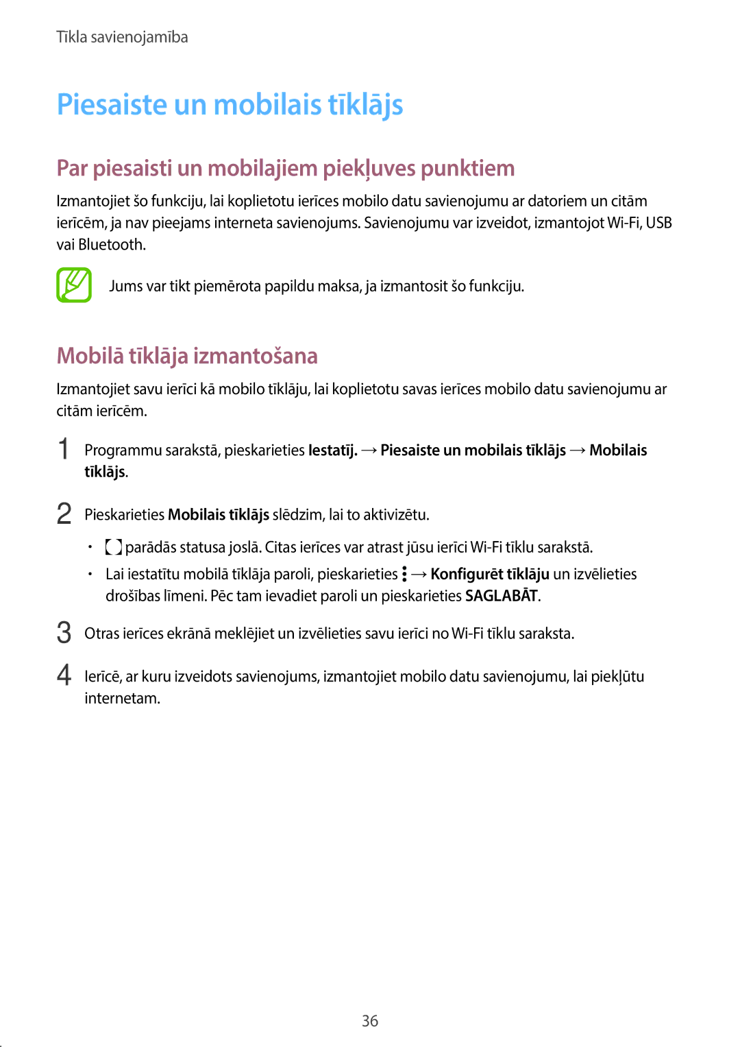 Samsung SM-A300FZKDROM, SM-A300FZWDROM manual Piesaiste un mobilais tīklājs, Par piesaisti un mobilajiem piekļuves punktiem 
