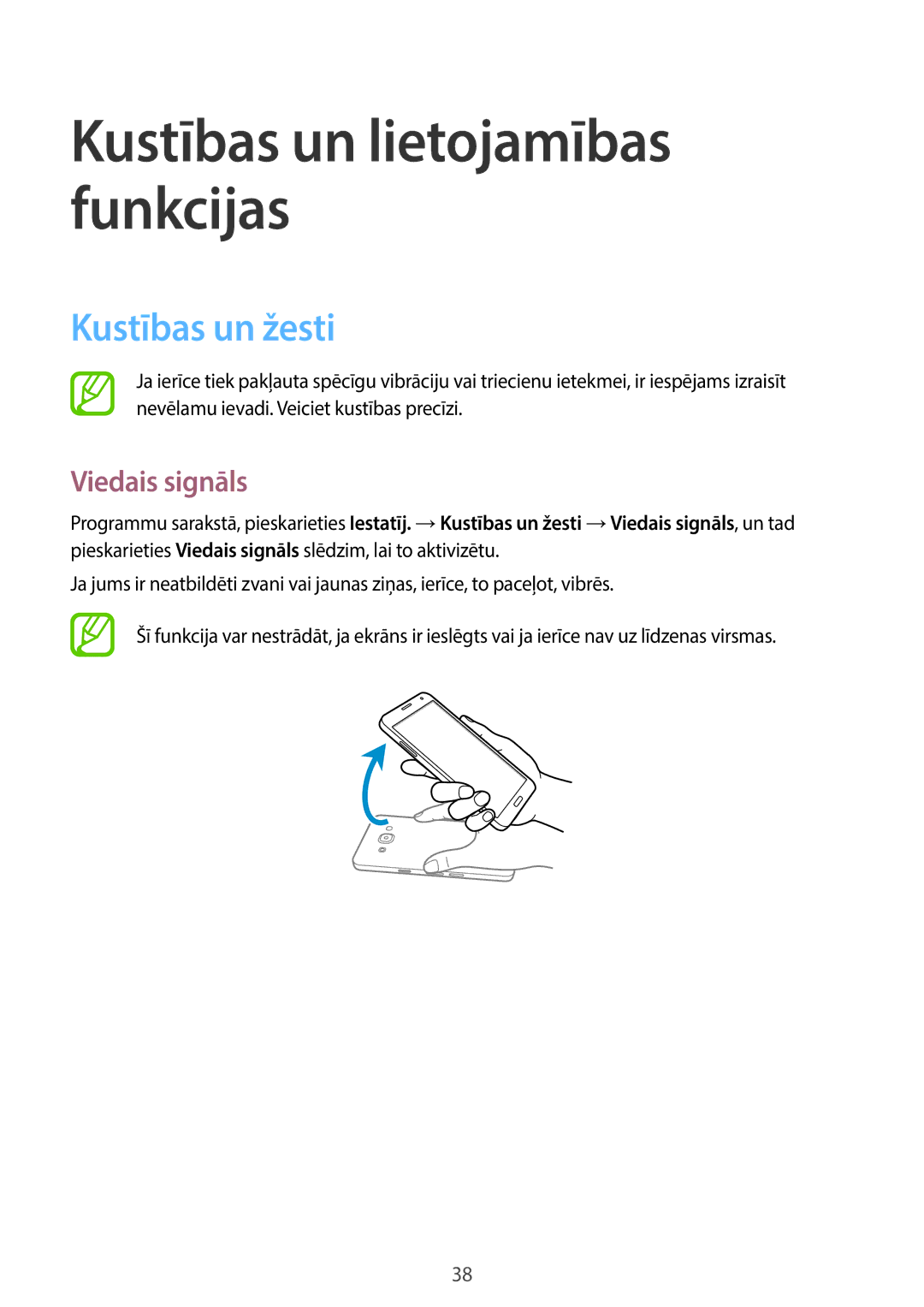 Samsung SM-A300FZDUSEB, SM-A300FZKDROM, SM-A300FZWDROM manual Kustības un žesti, Viedais signāls 
