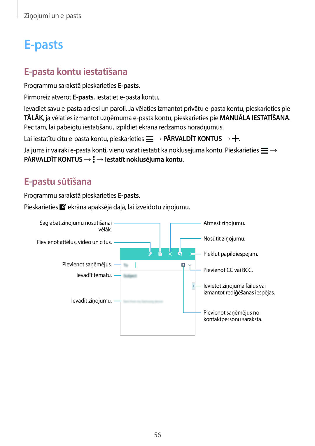 Samsung SM-A300FZDUSEB, SM-A300FZKDROM, SM-A300FZWDROM manual Pasts, Pasta kontu iestatīšana, Pastu sūtīšana 