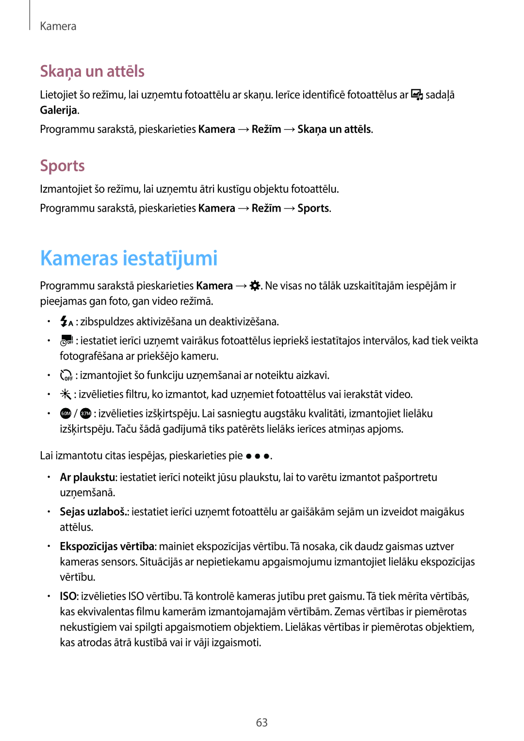 Samsung SM-A300FZKDROM, SM-A300FZWDROM, SM-A300FZDUSEB manual Kameras iestatījumi, Skaņa un attēls, Sports 