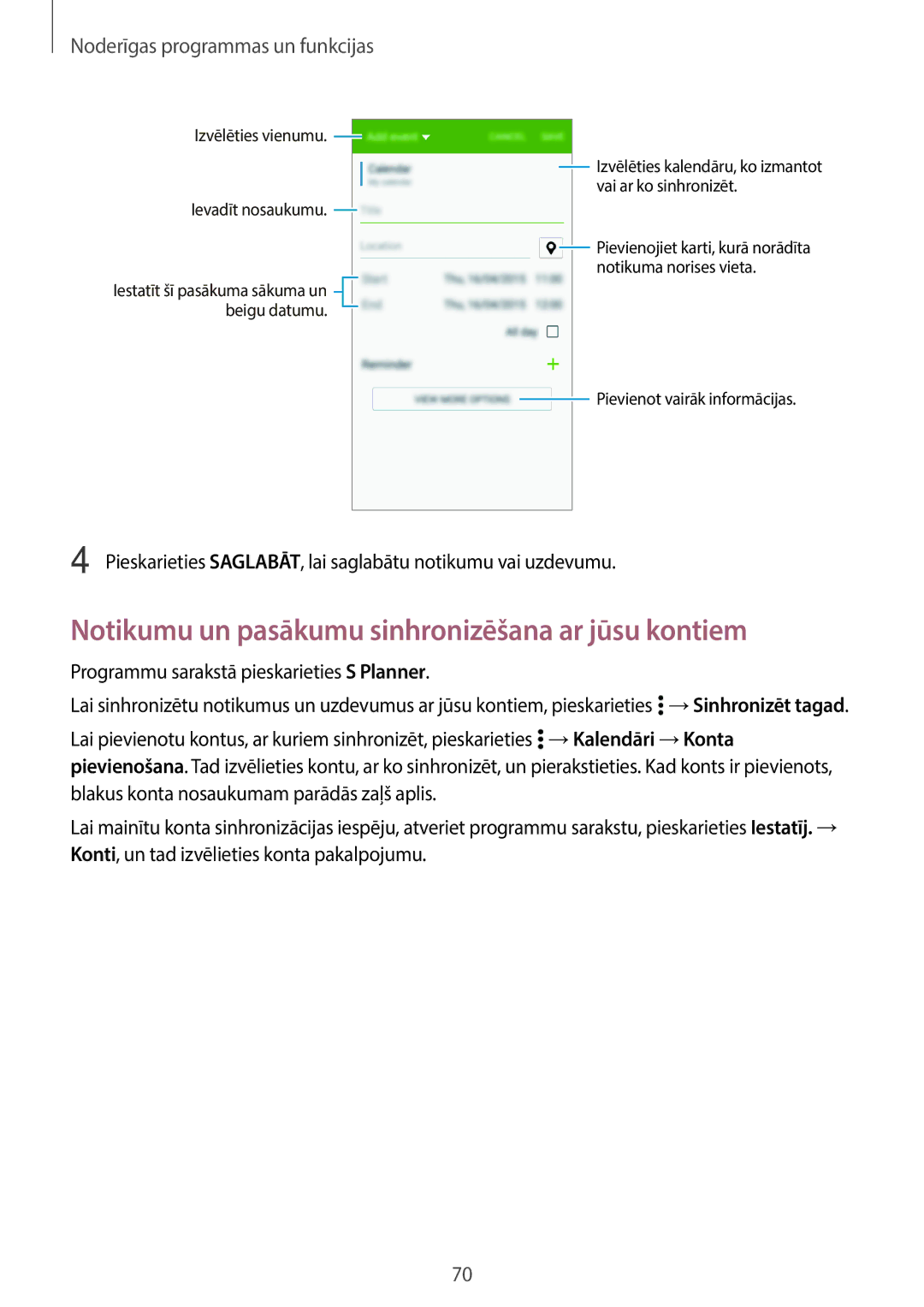 Samsung SM-A300FZWDROM manual Notikumu un pasākumu sinhronizēšana ar jūsu kontiem, Noderīgas programmas un funkcijas 