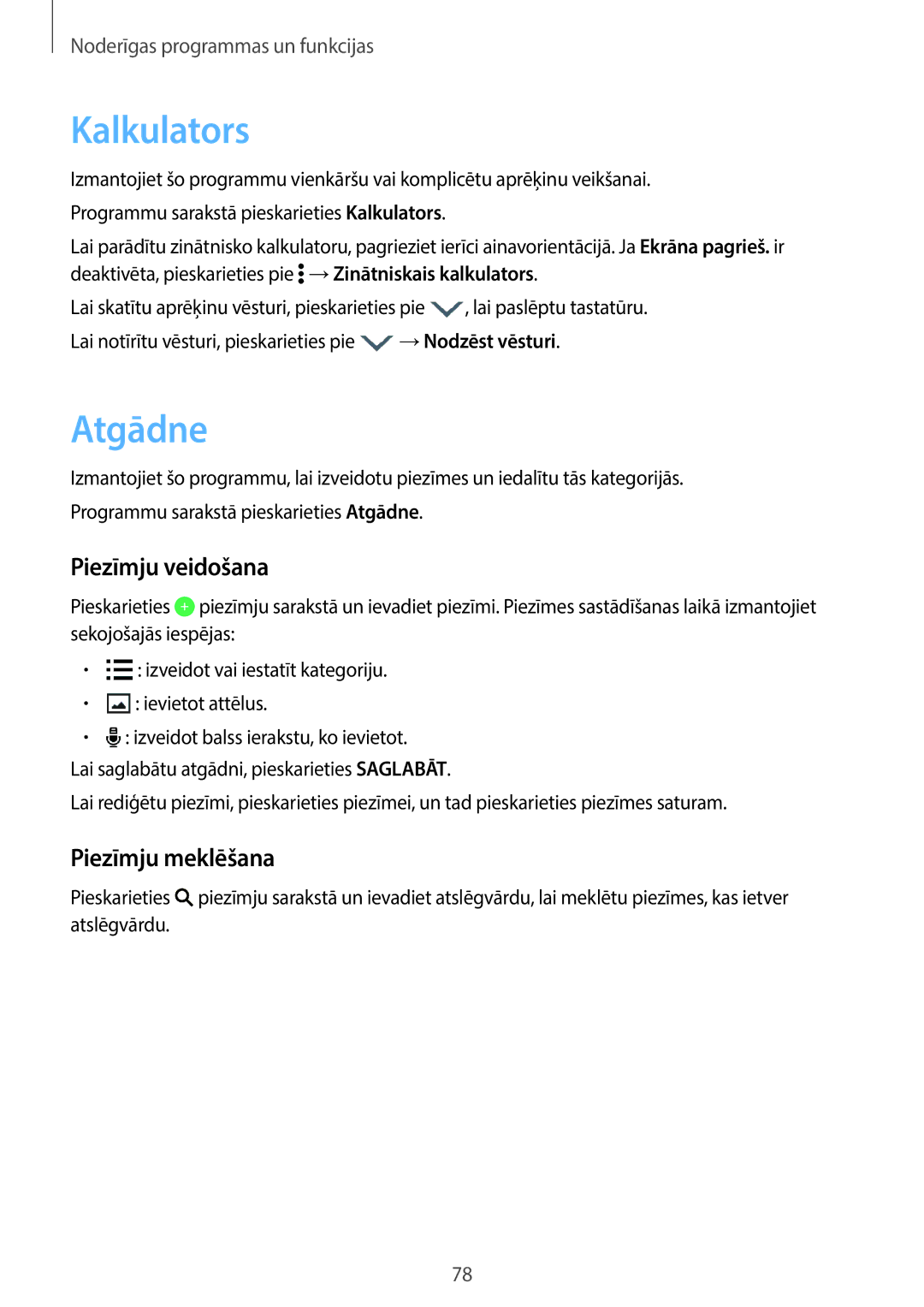 Samsung SM-A300FZKDROM, SM-A300FZWDROM, SM-A300FZDUSEB manual Kalkulators, Atgādne, Piezīmju veidošana, Piezīmju meklēšana 