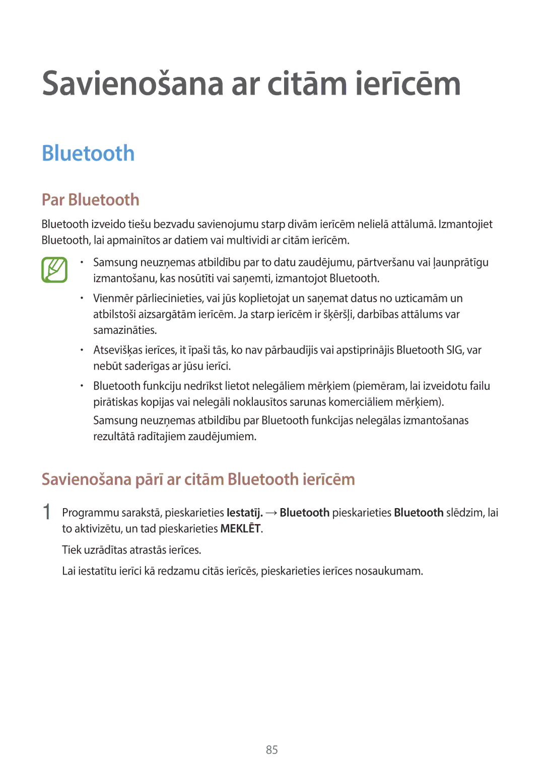 Samsung SM-A300FZWDROM, SM-A300FZKDROM, SM-A300FZDUSEB manual Par Bluetooth, Savienošana pārī ar citām Bluetooth ierīcēm 