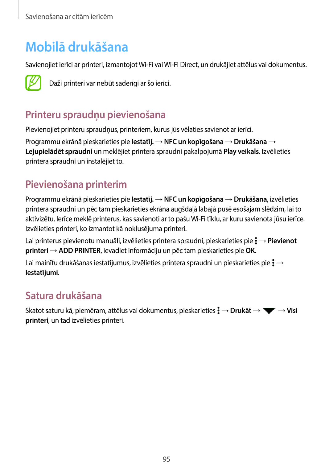 Samsung SM-A300FZDUSEB manual Mobilā drukāšana, Printeru spraudņu pievienošana, Pievienošana printerim, Satura drukāšana 