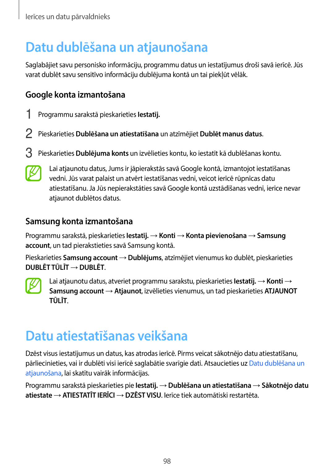 Samsung SM-A300FZDUSEB manual Datu dublēšana un atjaunošana, Datu atiestatīšanas veikšana, Google konta izmantošana 