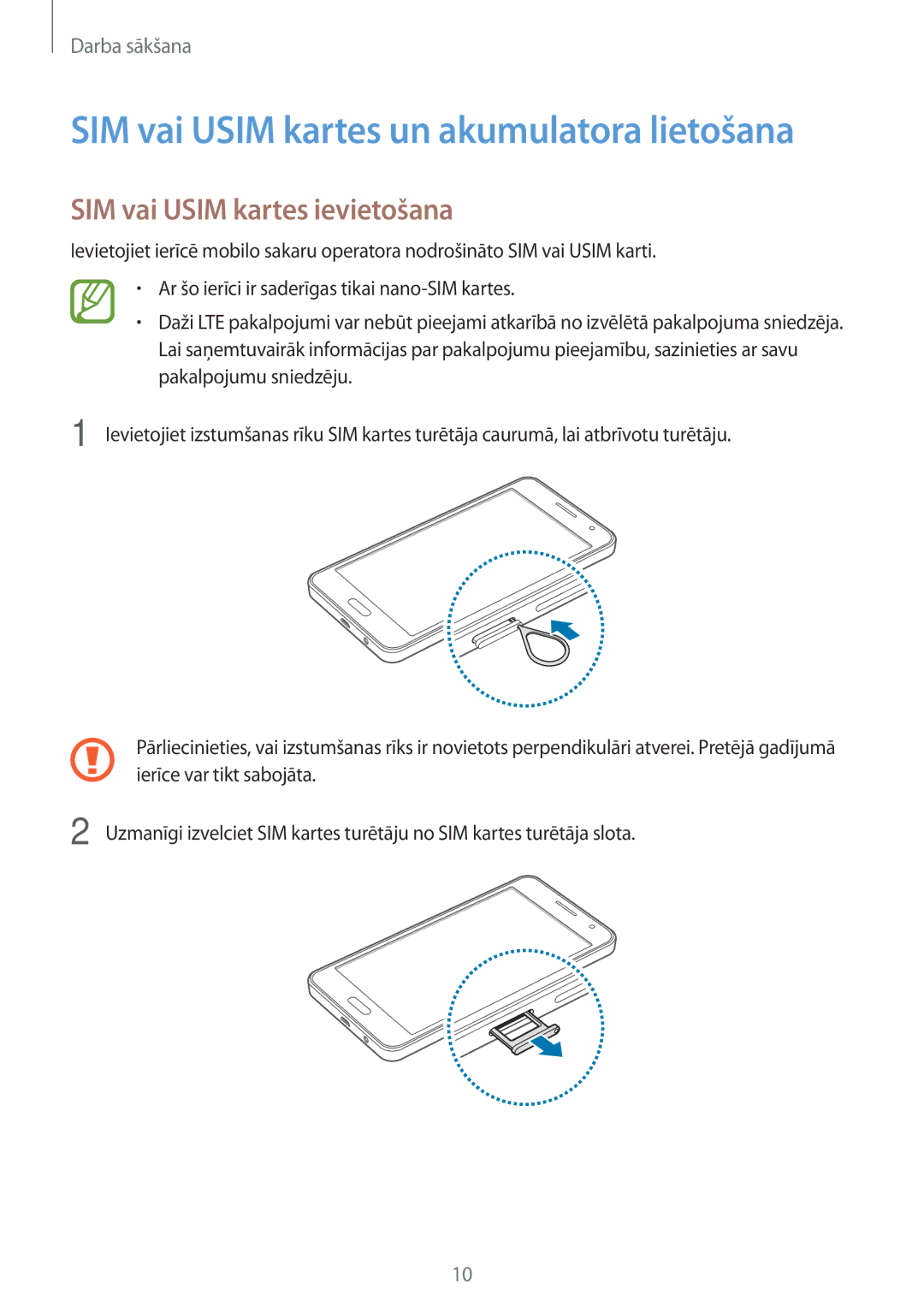 Samsung SM-A300FZWDROM, SM-A300FZKDROM manual SIM vai Usim kartes un akumulatora lietošana, SIM vai Usim kartes ievietošana 