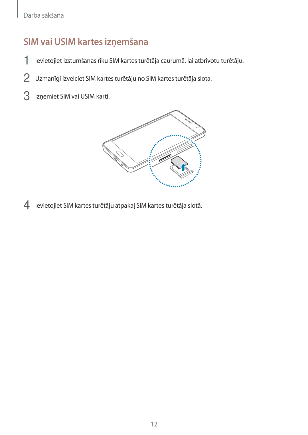 Samsung SM-A300FZKDROM, SM-A300FZWDROM, SM-A300FZDUSEB manual SIM vai Usim kartes izņemšana 