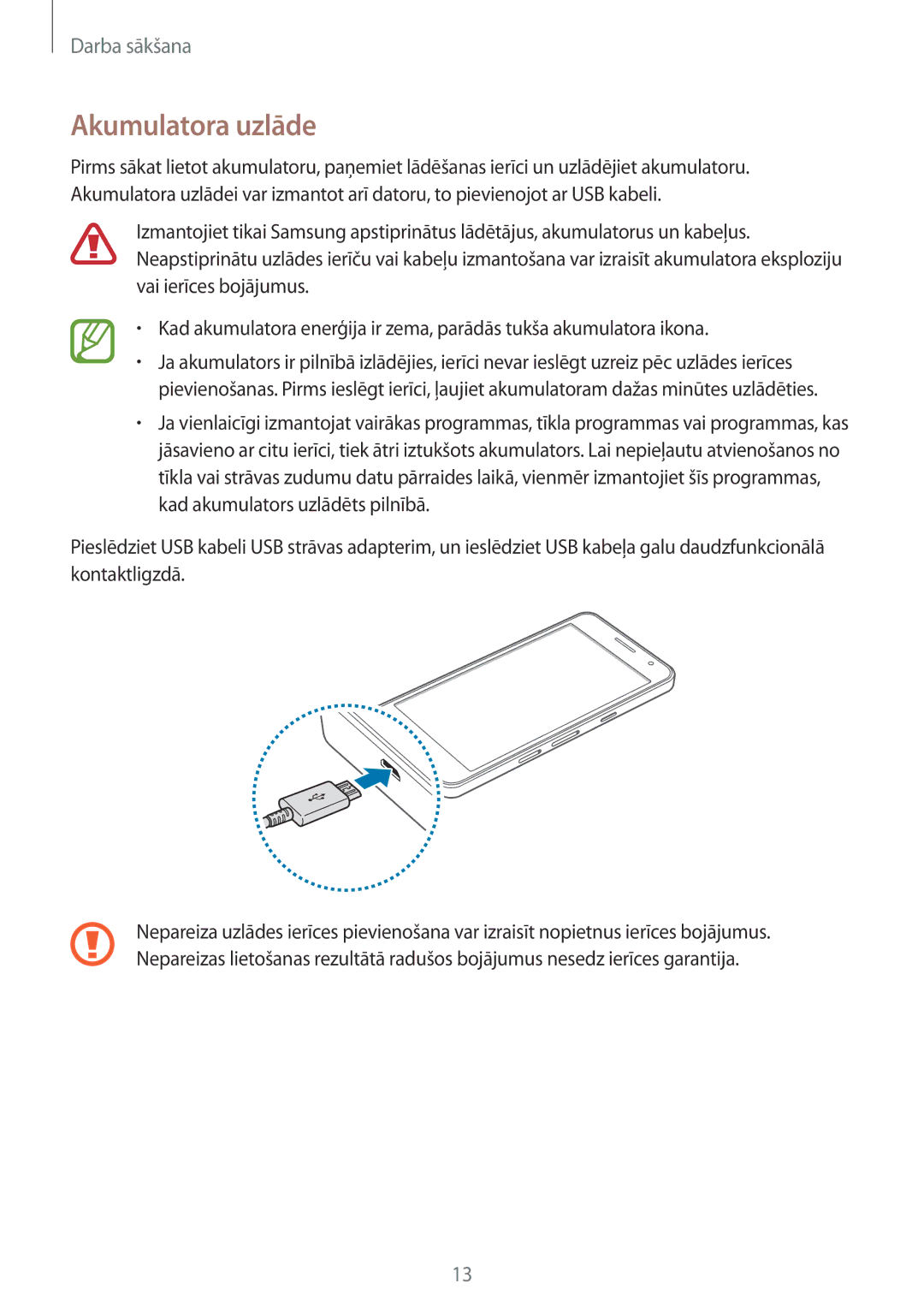 Samsung SM-A300FZWDROM, SM-A300FZKDROM, SM-A300FZDUSEB manual Akumulatora uzlāde 