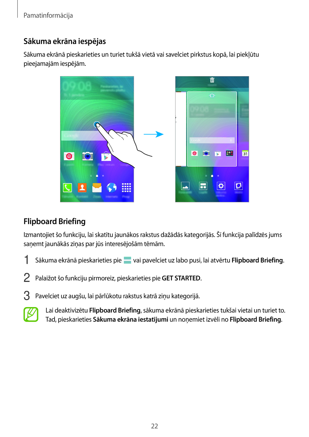 Samsung SM-A300FZWDROM, SM-A300FZKDROM, SM-A300FZDUSEB manual Sākuma ekrāna iespējas, Flipboard Briefing 