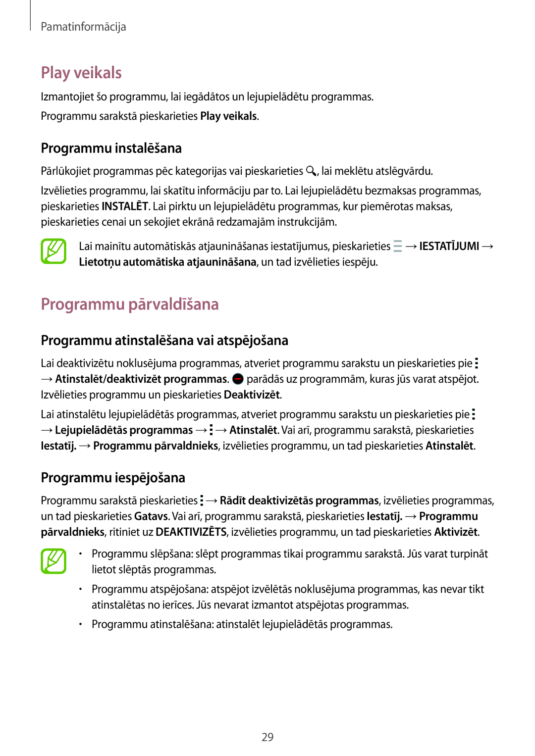 Samsung SM-A300FZDUSEB, SM-A300FZKDROM manual Play veikals, Programmu pārvaldīšana, Programmu atinstalēšana vai atspējošana 