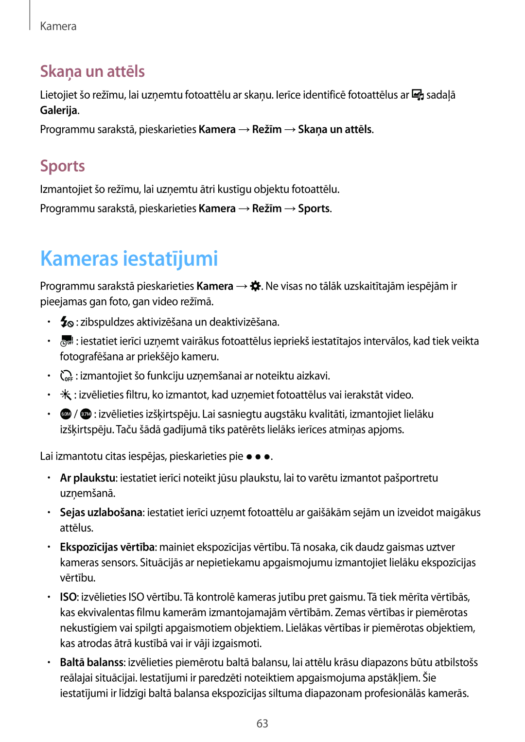 Samsung SM-A300FZKDROM, SM-A300FZWDROM, SM-A300FZDUSEB manual Kameras iestatījumi, Skaņa un attēls, Sports 