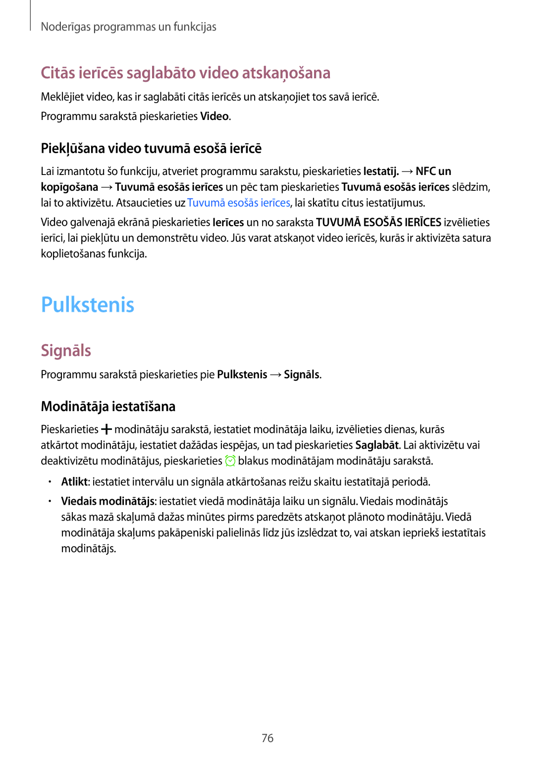 Samsung SM-A300FZWDROM manual Pulkstenis, Citās ierīcēs saglabāto video atskaņošana, Signāls, Modinātāja iestatīšana 