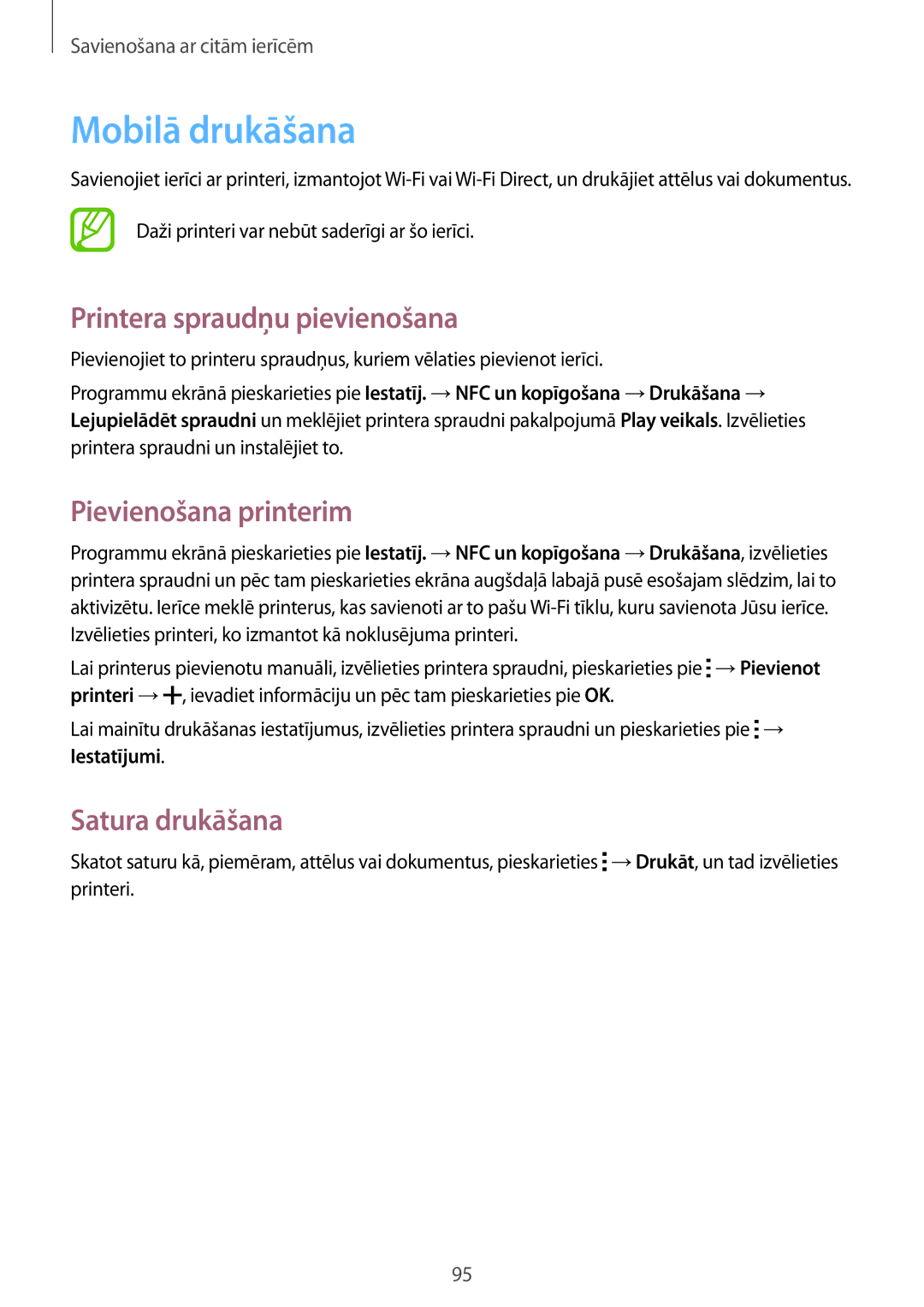 Samsung SM-A300FZDUSEB manual Mobilā drukāšana, Printera spraudņu pievienošana, Pievienošana printerim, Satura drukāšana 