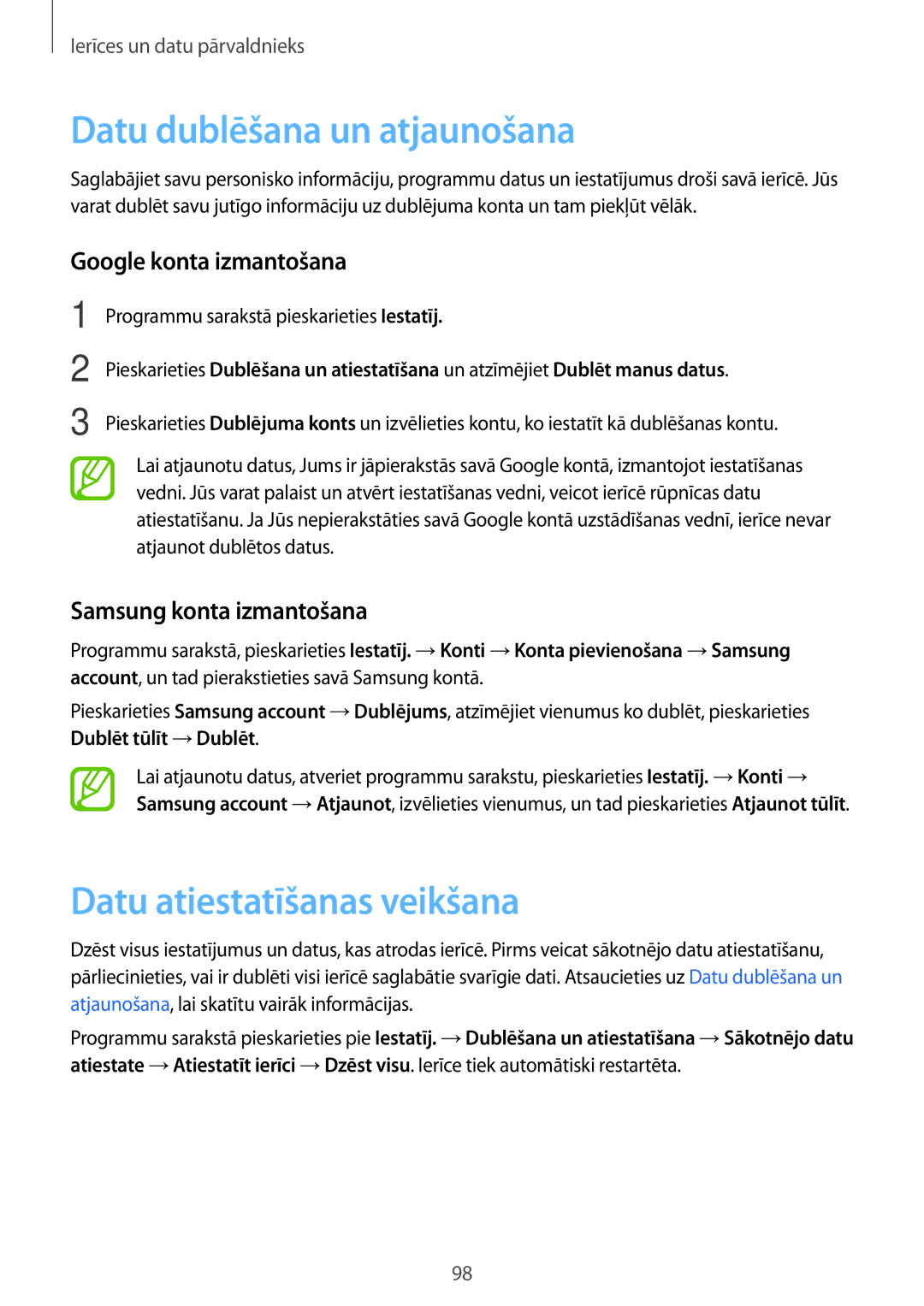 Samsung SM-A300FZDUSEB manual Datu dublēšana un atjaunošana, Datu atiestatīšanas veikšana, Google konta izmantošana 