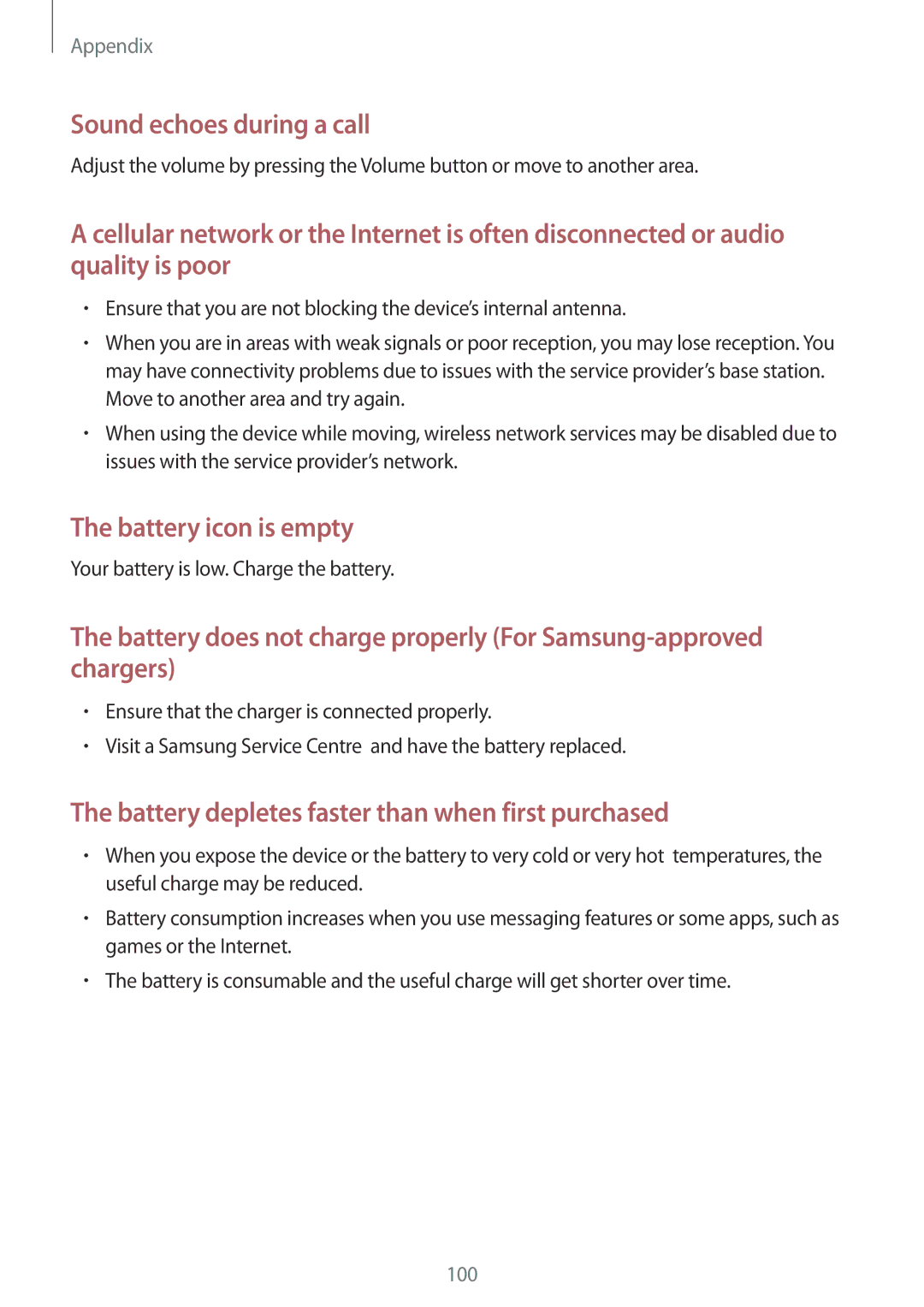 Samsung SM-A300FZKDROM, SM-A300FZWDROM, SM-A300FZKDATO, SM-A300FZKDAUT, SM-A300FZDDAUT manual Sound echoes during a call 