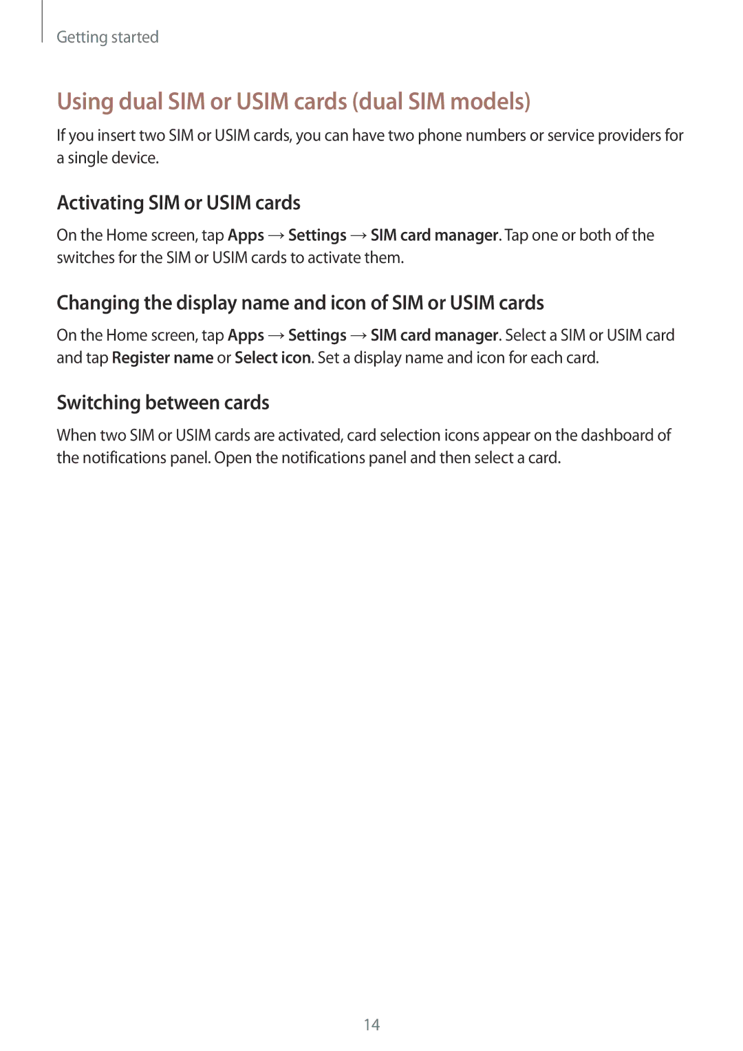 Samsung SM-A300FZDAILO Using dual SIM or Usim cards dual SIM models, Activating SIM or Usim cards, Switching between cards 