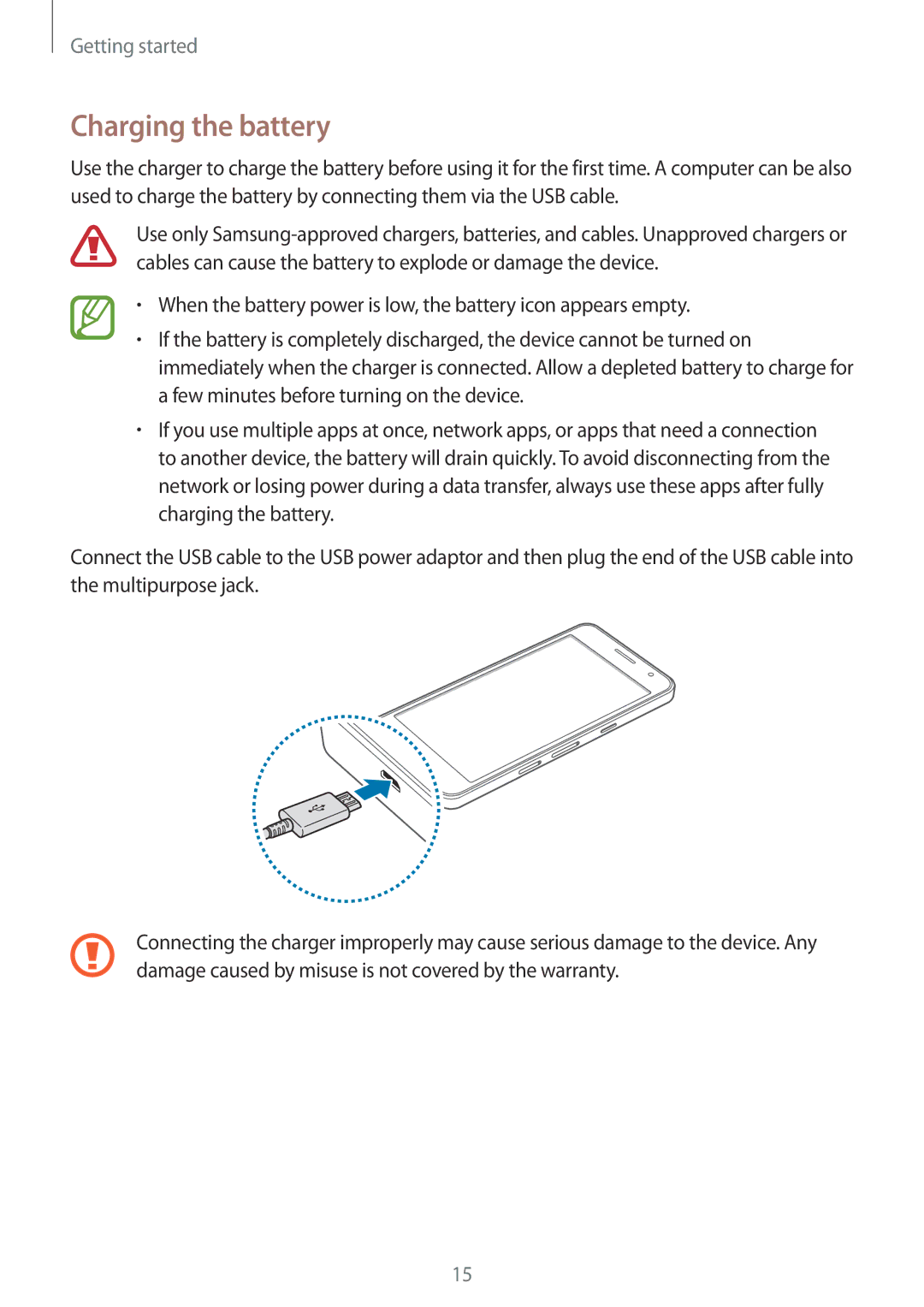 Samsung SM-A300FZWAPTR, SM-A300FZKDROM, SM-A300FZWDROM, SM-A300FZKDATO, SM-A300FZKDAUT, SM-A300FZDDAUT Charging the battery 