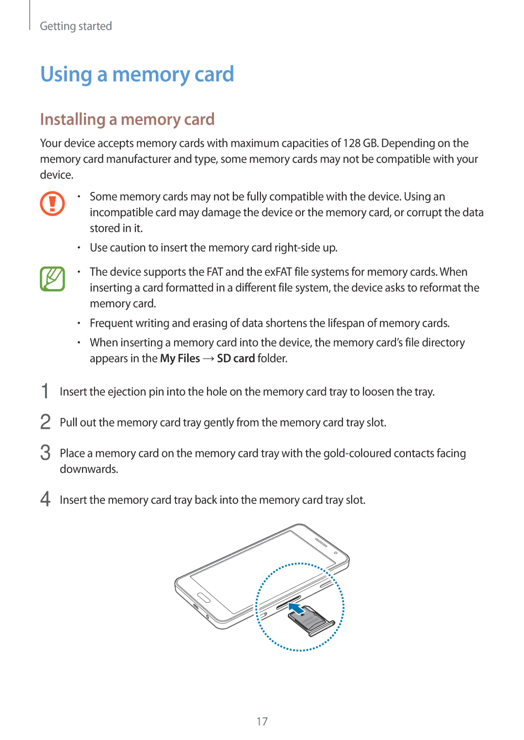 Samsung SM-A300FZSAILO, SM-A300FZKDROM, SM-A300FZWDROM, SM-A300FZKDATO manual Using a memory card, Installing a memory card 