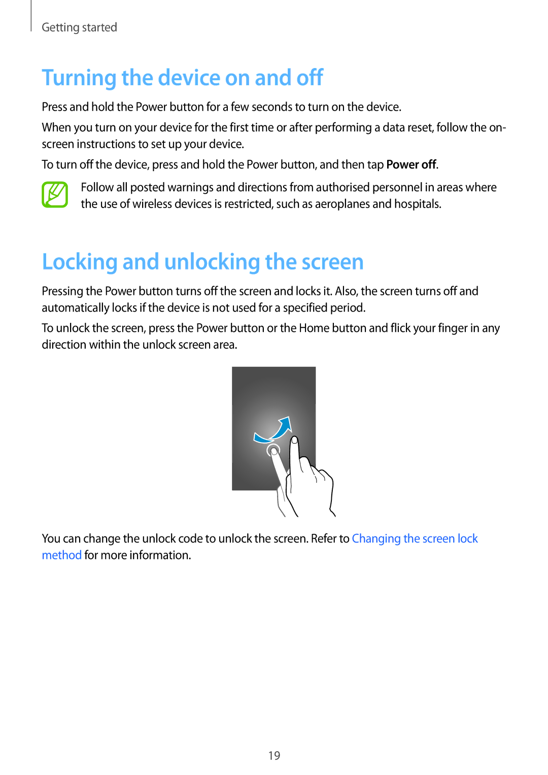 Samsung SM-A300FZKACEL, SM-A300FZKDROM, SM-A300FZWDROM manual Turning the device on and off, Locking and unlocking the screen 