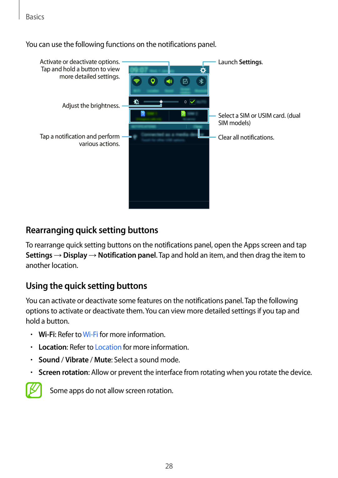 Samsung SM-A300FZKDAUT, SM-A300FZKDROM, SM-A300FZWDROM Rearranging quick setting buttons, Using the quick setting buttons 