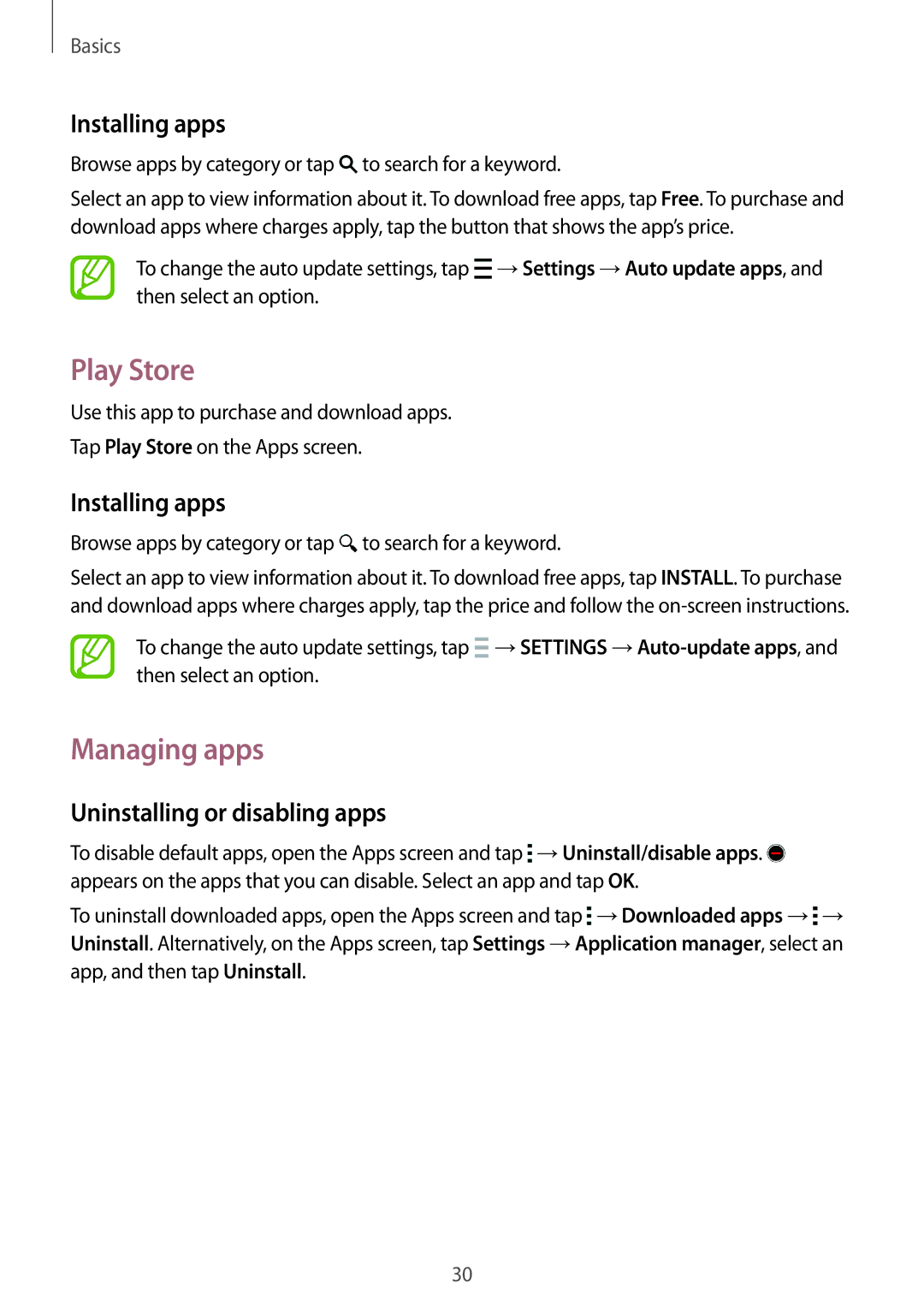 Samsung SM-A300FZKDKSA, SM-A300FZKDROM manual Play Store, Managing apps, Installing apps, Uninstalling or disabling apps 