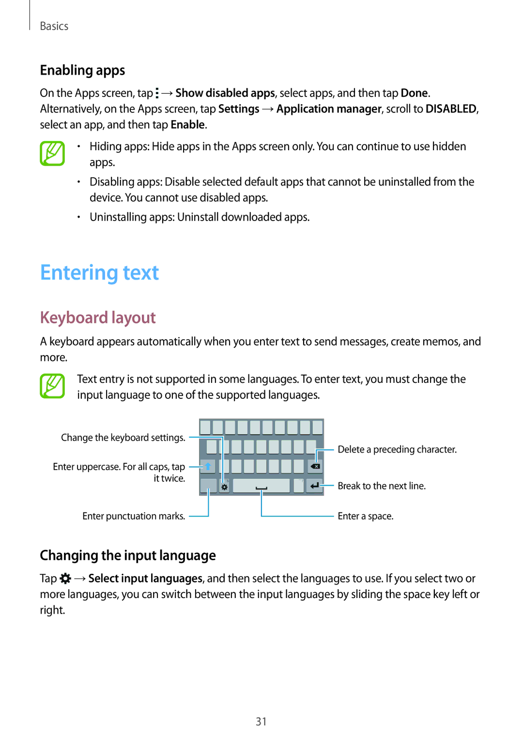 Samsung SM-A300FZKDETL, SM-A300FZKDROM manual Entering text, Keyboard layout, Enabling apps, Changing the input language 