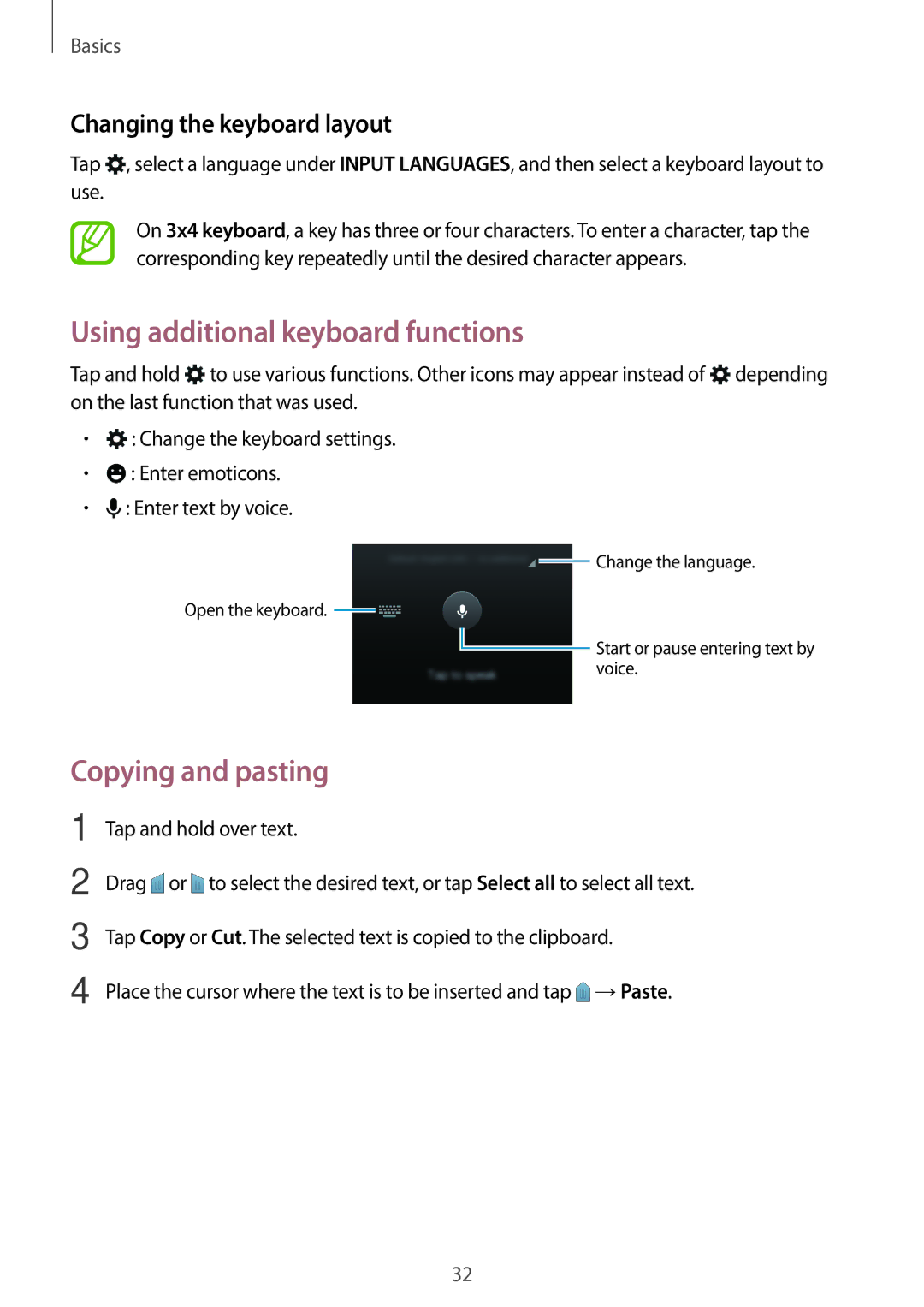 Samsung SM-A300FZSDAUT manual Using additional keyboard functions, Copying and pasting, Changing the keyboard layout 