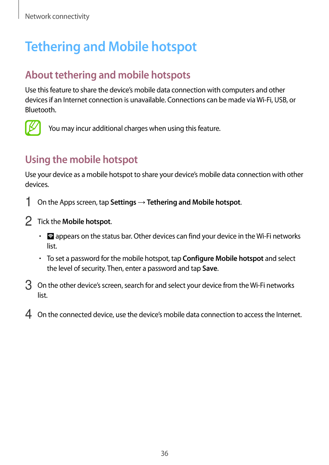 Samsung SM2A300FZWDETL manual Tethering and Mobile hotspot, About tethering and mobile hotspots, Using the mobile hotspot 