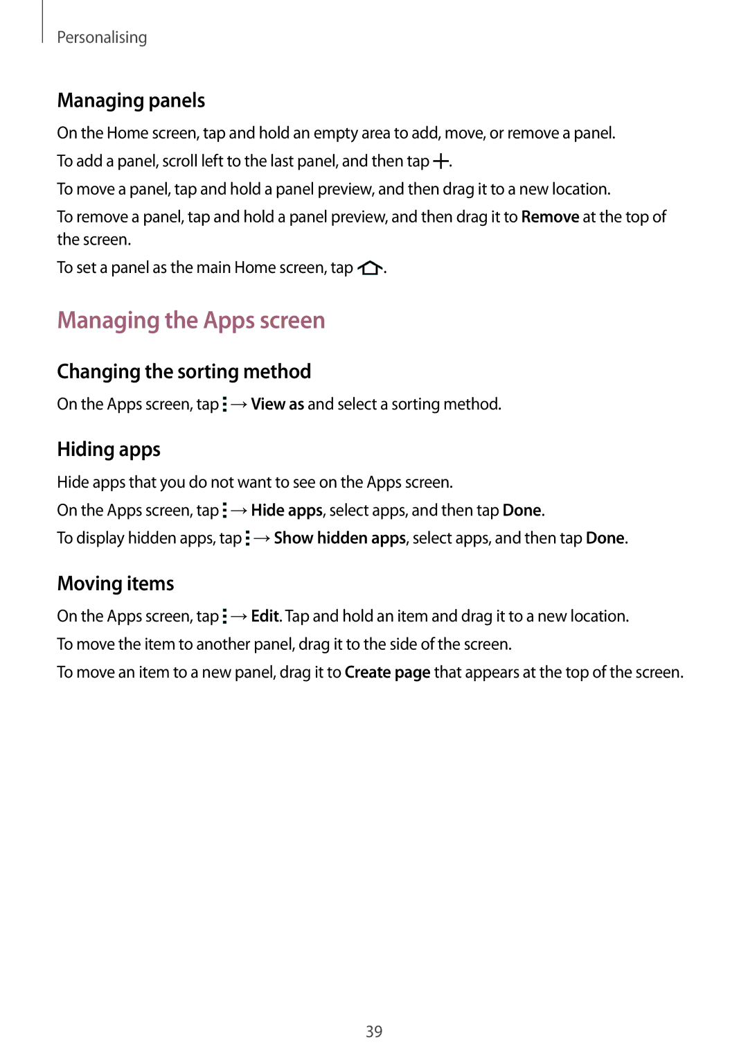 Samsung SM-A300FZDAILO Managing the Apps screen, Managing panels, Changing the sorting method, Hiding apps, Moving items 