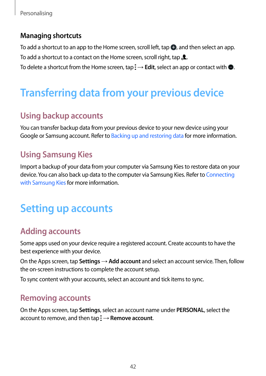 Samsung SM-A300FZSAILO, SM-A300FZKDROM, SM-A300FZWDROM Transferring data from your previous device, Setting up accounts 