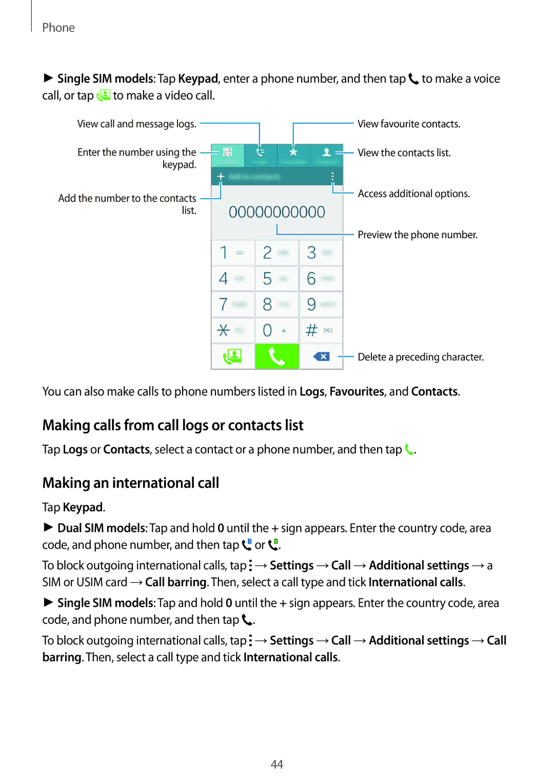 Samsung SM-A300FZKACEL manual Making calls from call logs or contacts list, Making an international call, Tap Keypad 