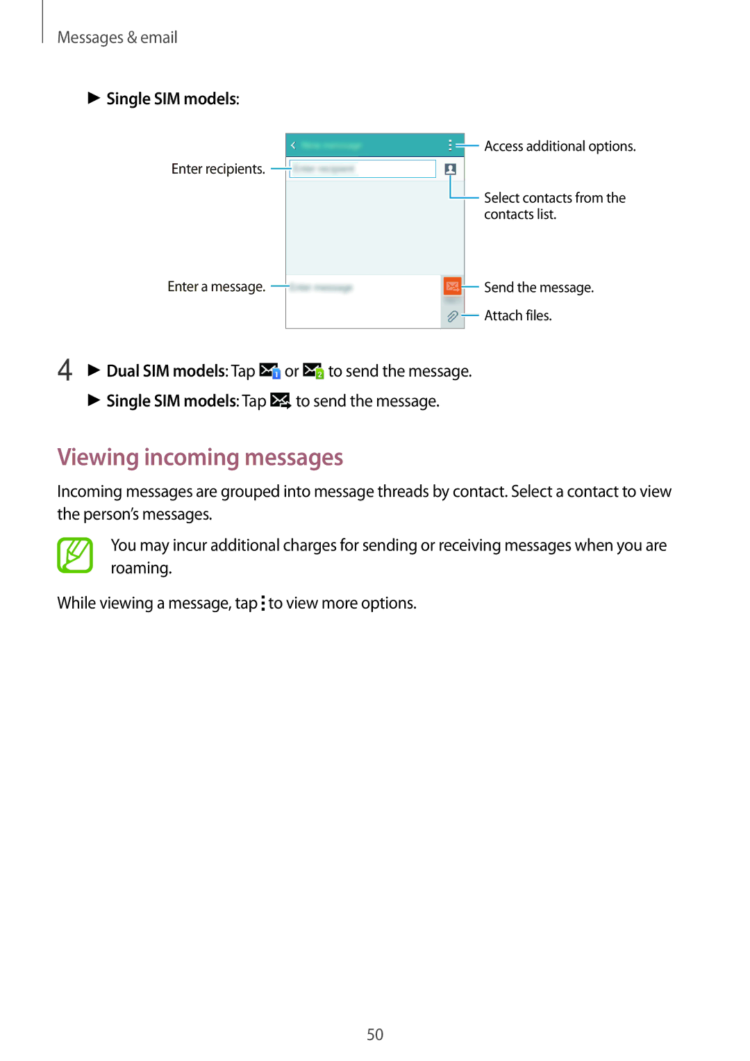 Samsung SM-A300FZKDROM, SM-A300FZWDROM, SM-A300FZKDATO, SM-A300FZKDAUT manual Viewing incoming messages, Single SIM models 