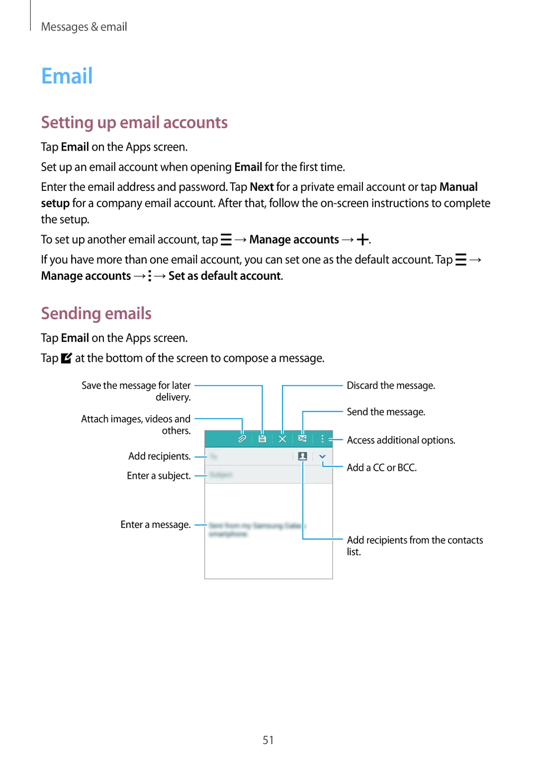 Samsung SM-A300FZWDROM, SM-A300FZKDROM, SM-A300FZKDATO, SM-A300FZKDAUT manual Setting up email accounts, Sending emails 