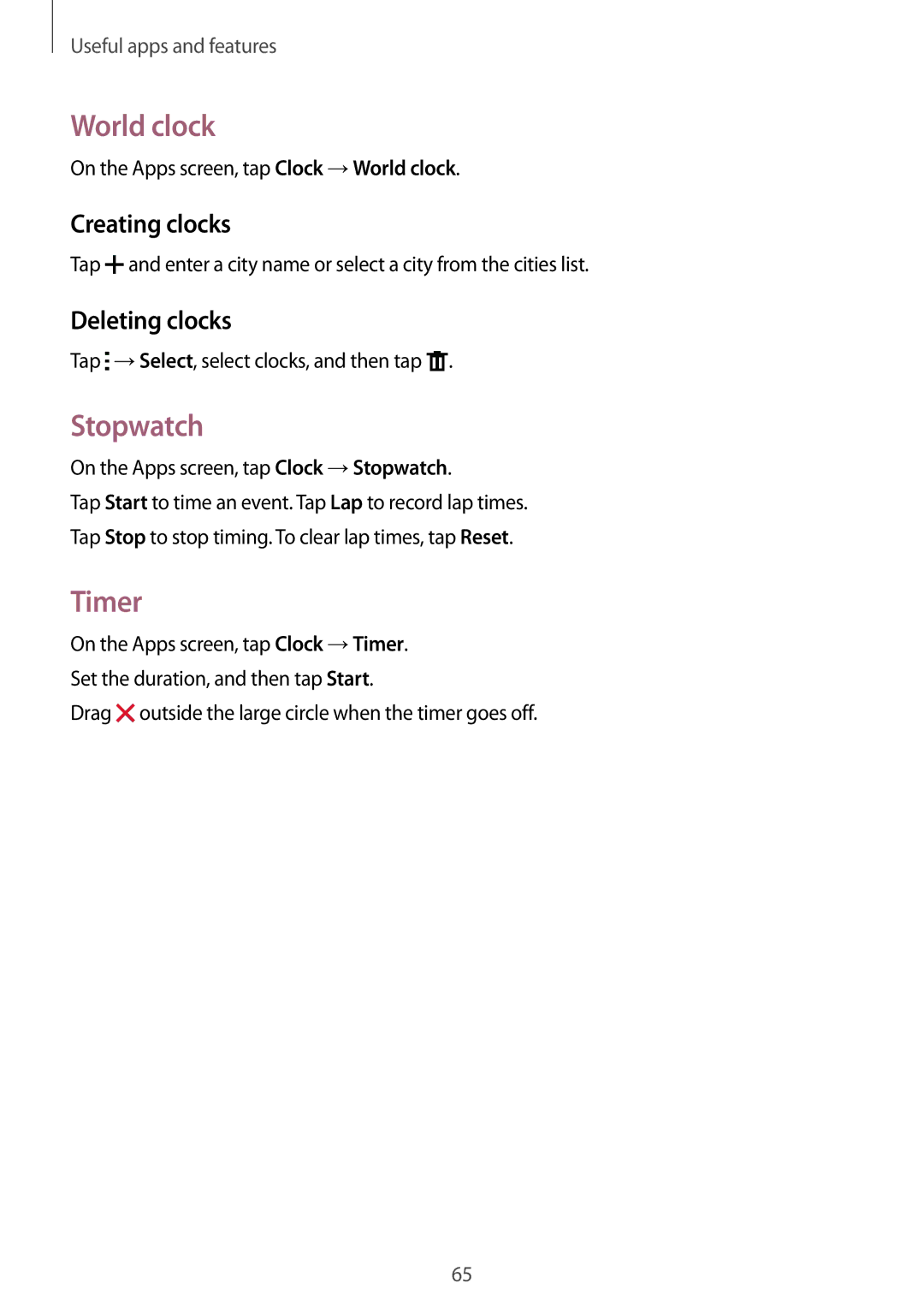 Samsung SM-A300FZWAPTR, SM-A300FZKDROM, SM-A300FZWDROM manual World clock, Stopwatch, Timer, Creating clocks, Deleting clocks 