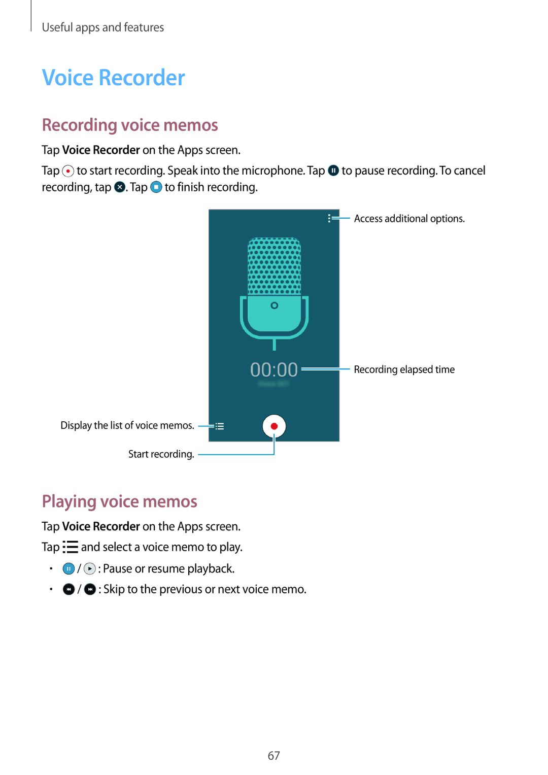 Samsung SM-A300FZSAILO, SM-A300FZKDROM, SM-A300FZWDROM manual Voice Recorder, Recording voice memos, Playing voice memos 