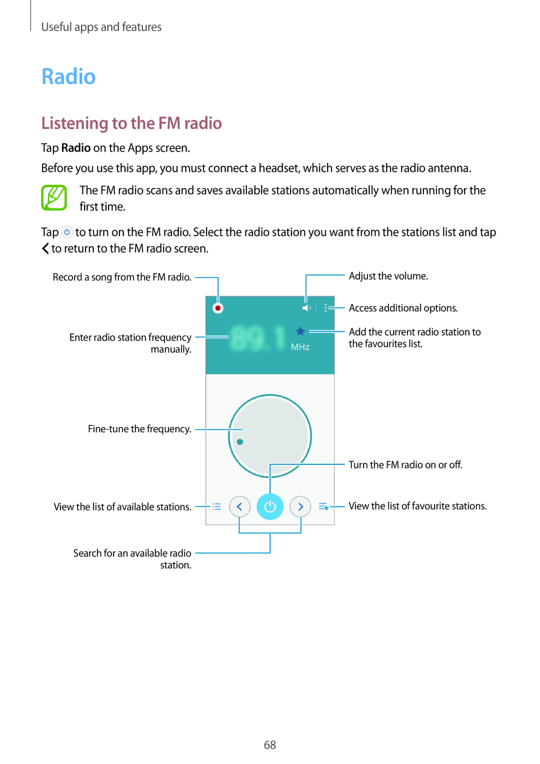 Samsung SM-A300FZWACEL, SM-A300FZKDROM, SM-A300FZWDROM, SM-A300FZKDATO, SM-A300FZKDAUT manual Radio, Listening to the FM radio 