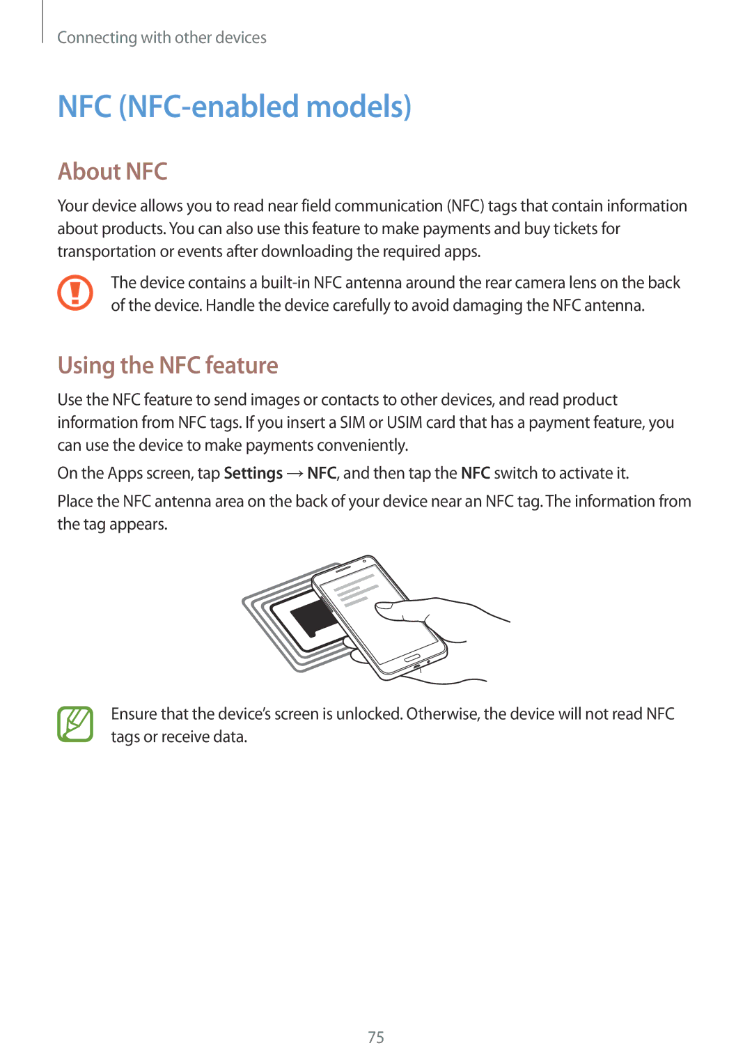 Samsung SM-A300FZKDROM, SM-A300FZWDROM, SM-A300FZKDATO manual NFC NFC-enabled models, About NFC, Using the NFC feature 