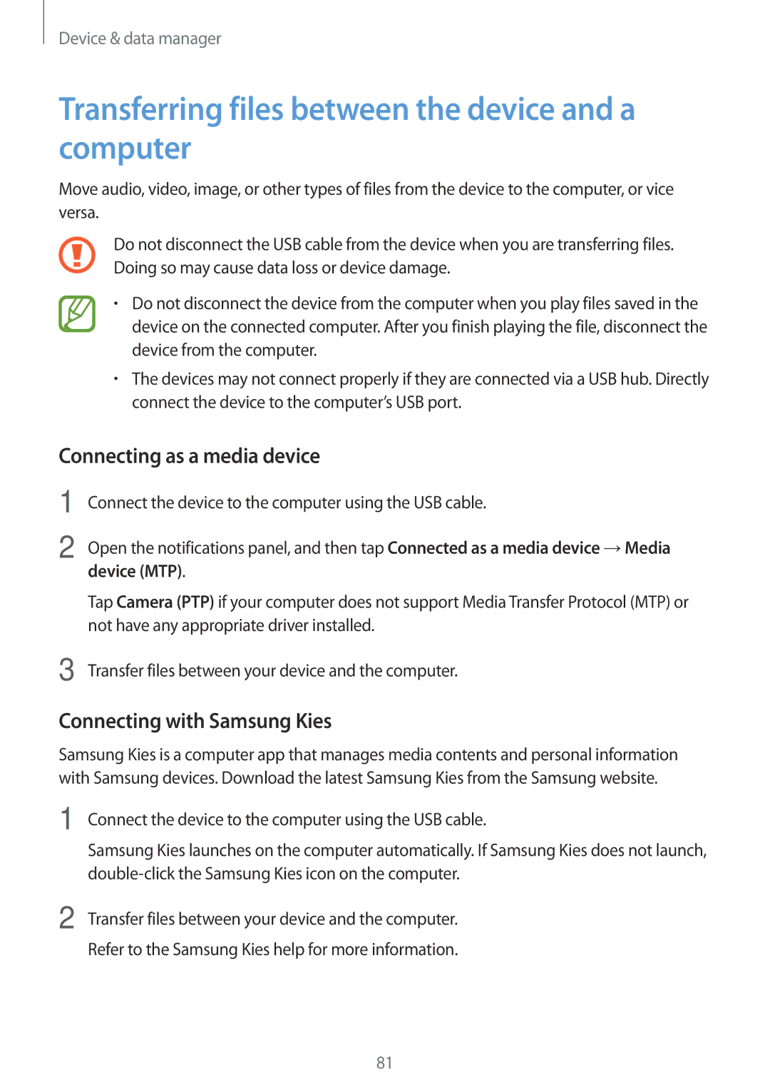 Samsung SM-A300FZKDETL Transferring files between the device and a computer, Connecting as a media device, Device MTP 